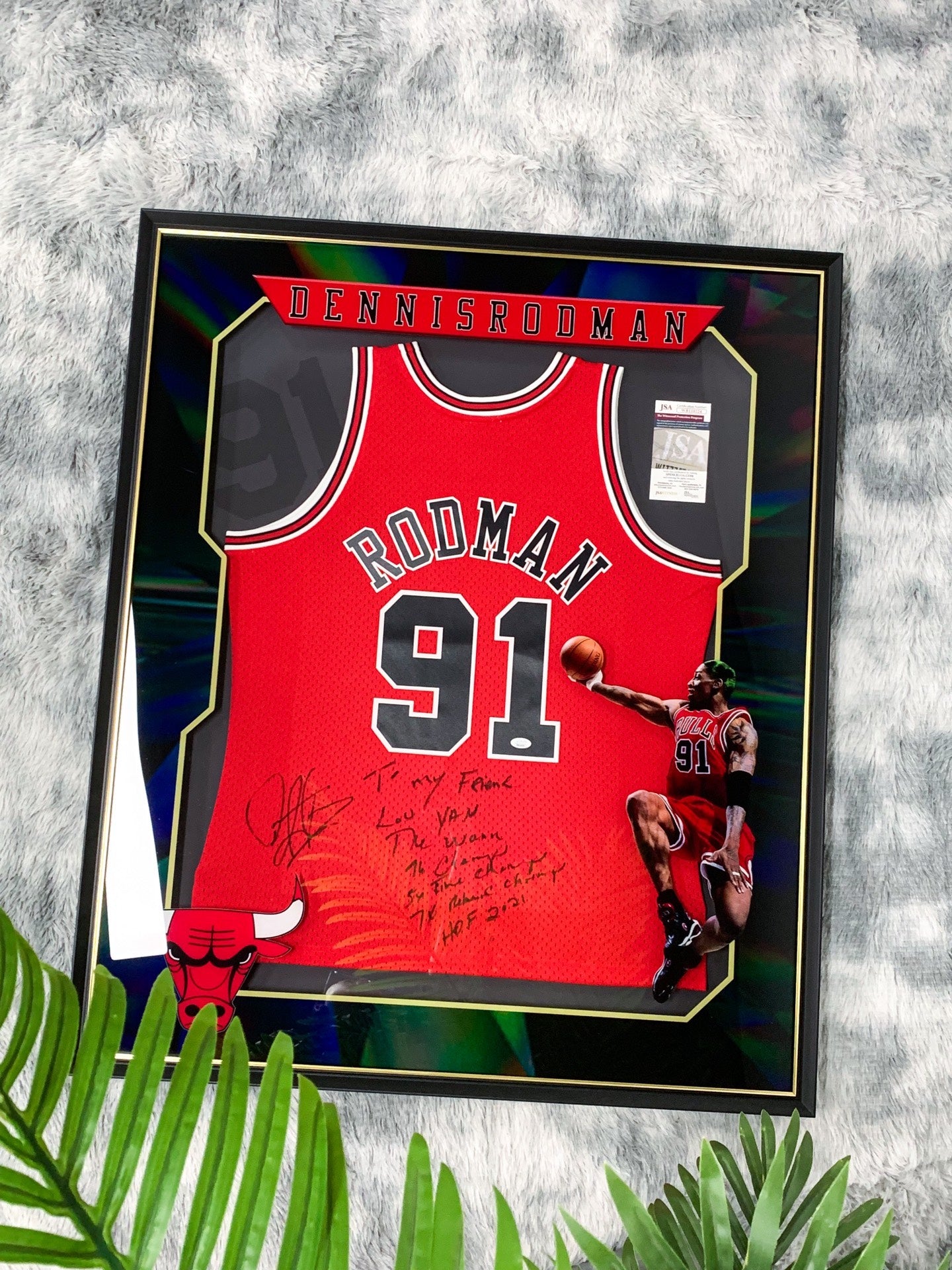 Chicago Bulls Dennis Rodman Autographed Jersey with Personalized Custom Design Framed 00001