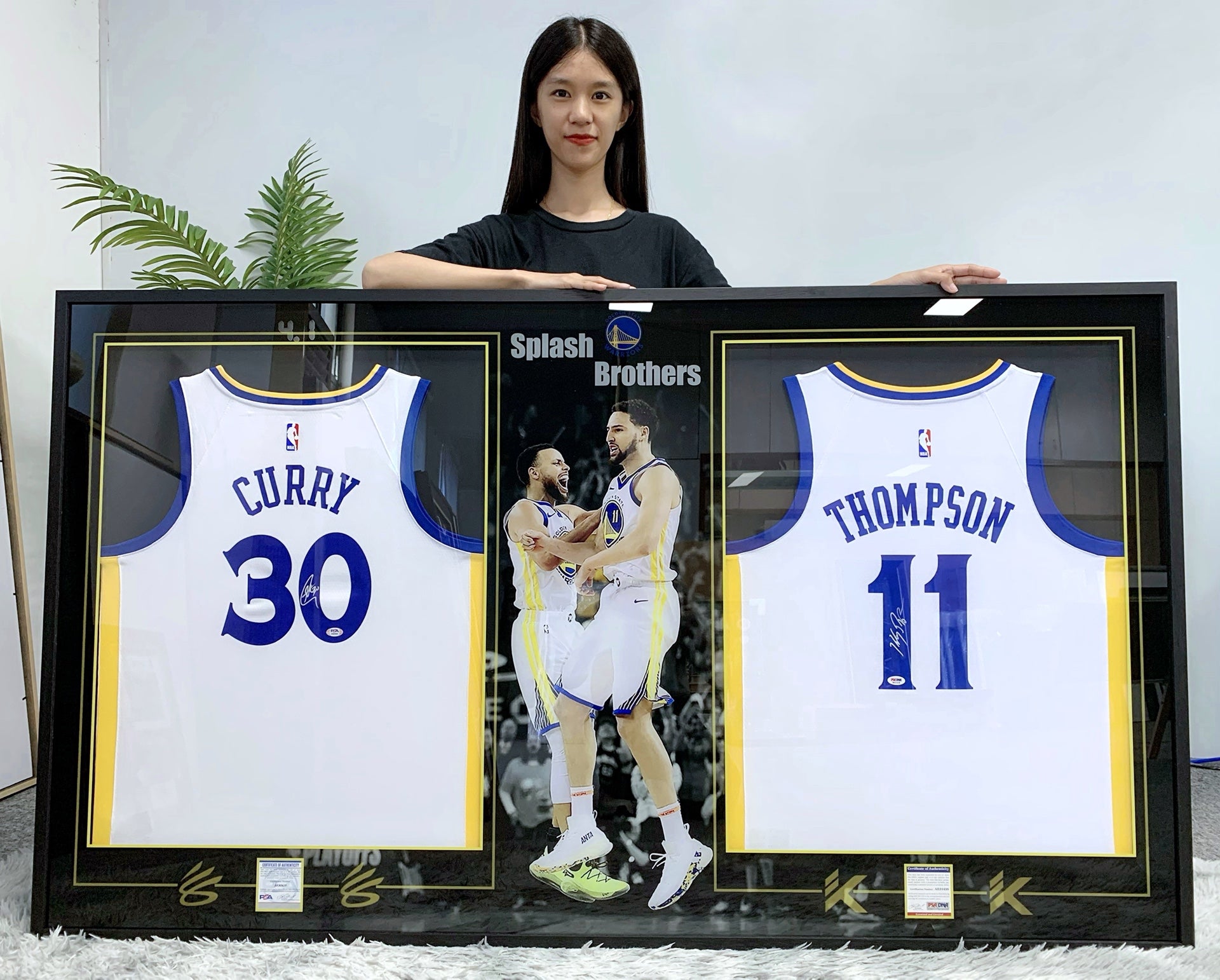 Golden State Warriors player combination Curry Thompson Autographed Jersey with Personalized Custom Design Framed 00009