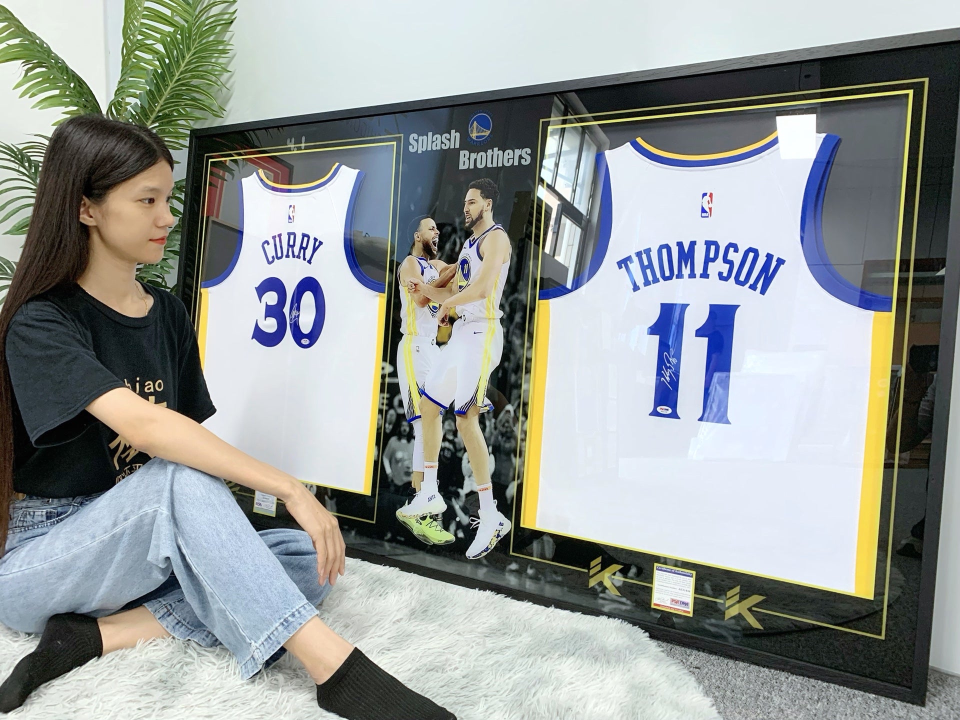 Golden State Warriors player combination Curry Thompson  Autographed Jersey with Personalized Custom Design Framed  00009