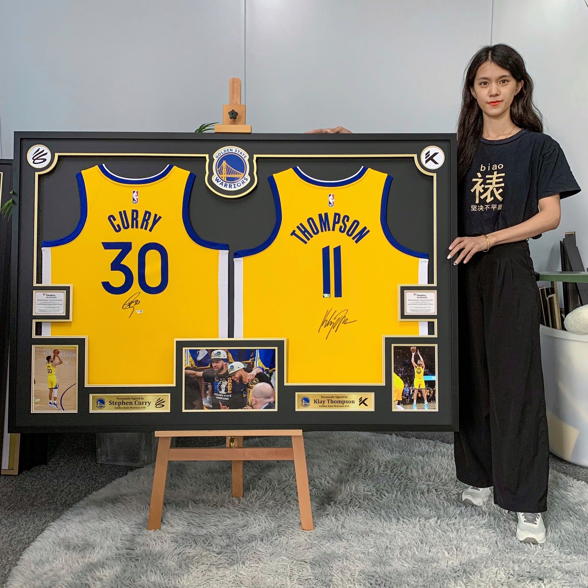 Golden State Warriors player combination Curry Thompson Autographed Jersey with Personalized Custom Design Framed 000012