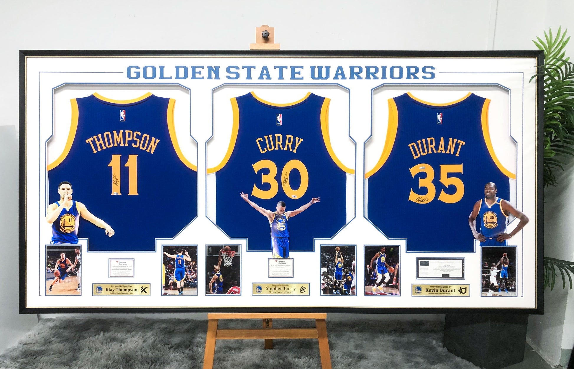 Golden State Warriors Curry Durant Thompson Autographed Jersey with Personalized Custom Design Framed 00001