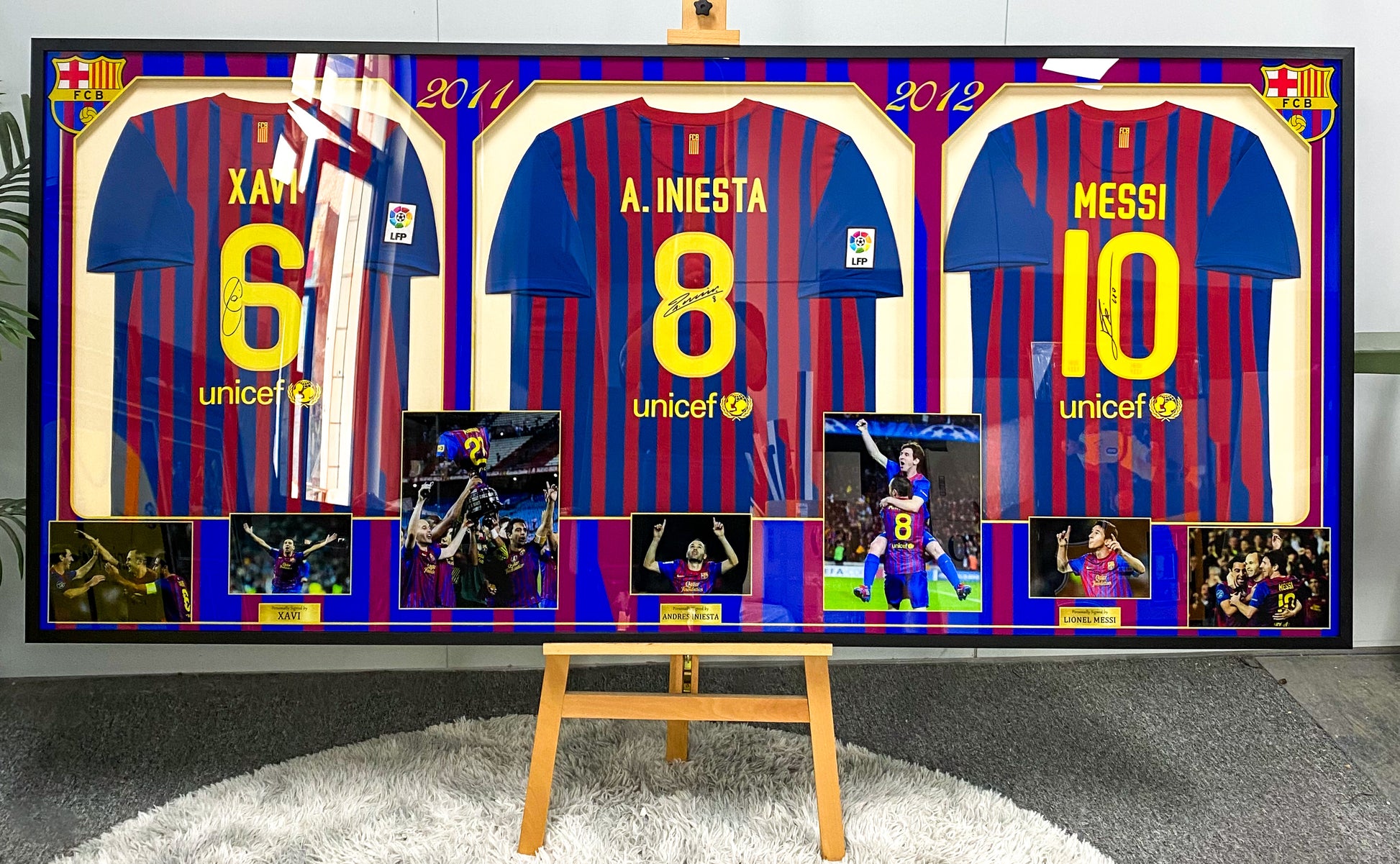 FC Barcelona XAVI A.INIESTA Lionel Messi Autographed Jersey with Personalized Custom Design Framed 000048
