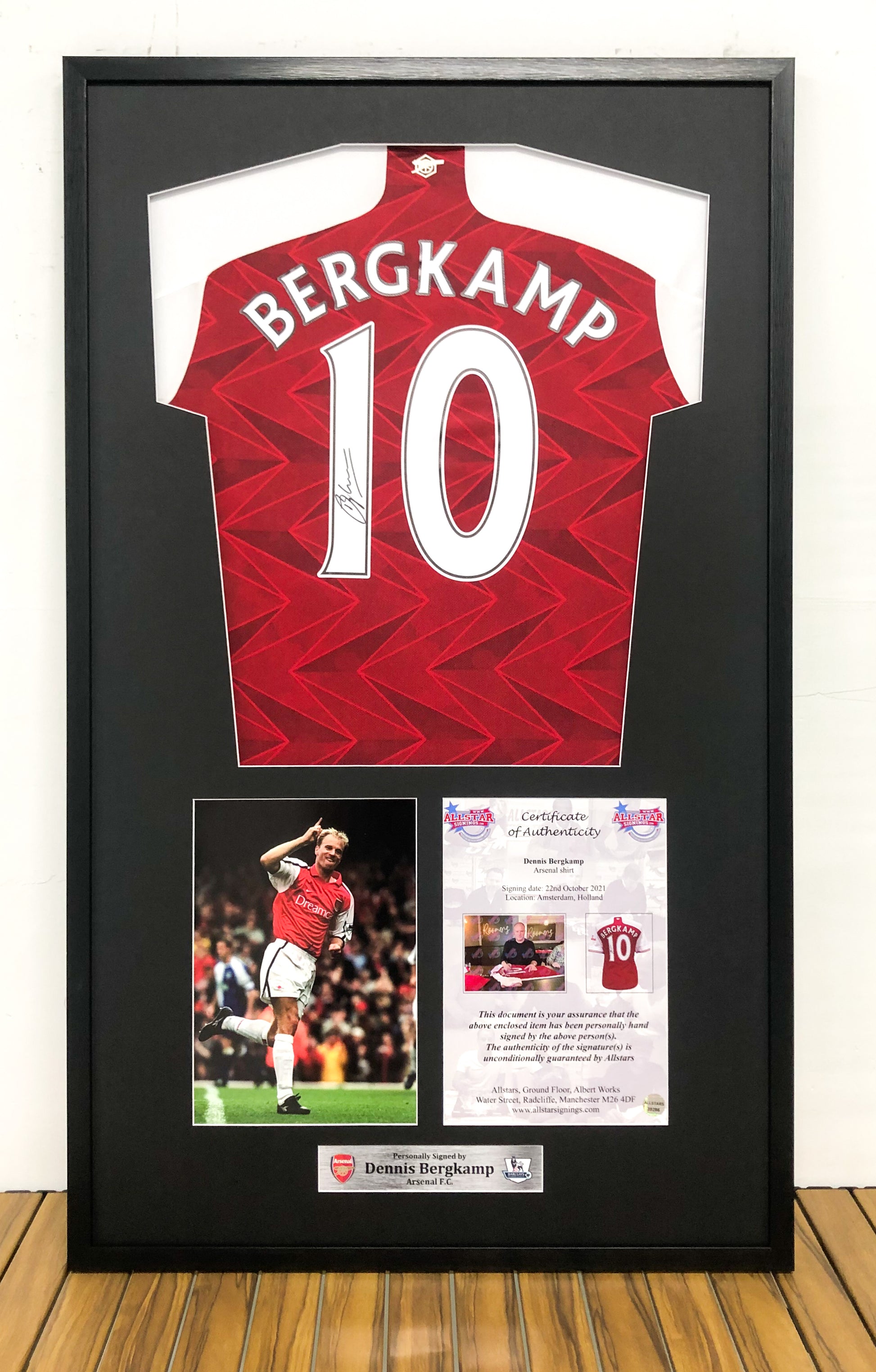 Arsenal F.C. Dennis Bergkamp Autographed Jersey with Classic Design Framed 00001