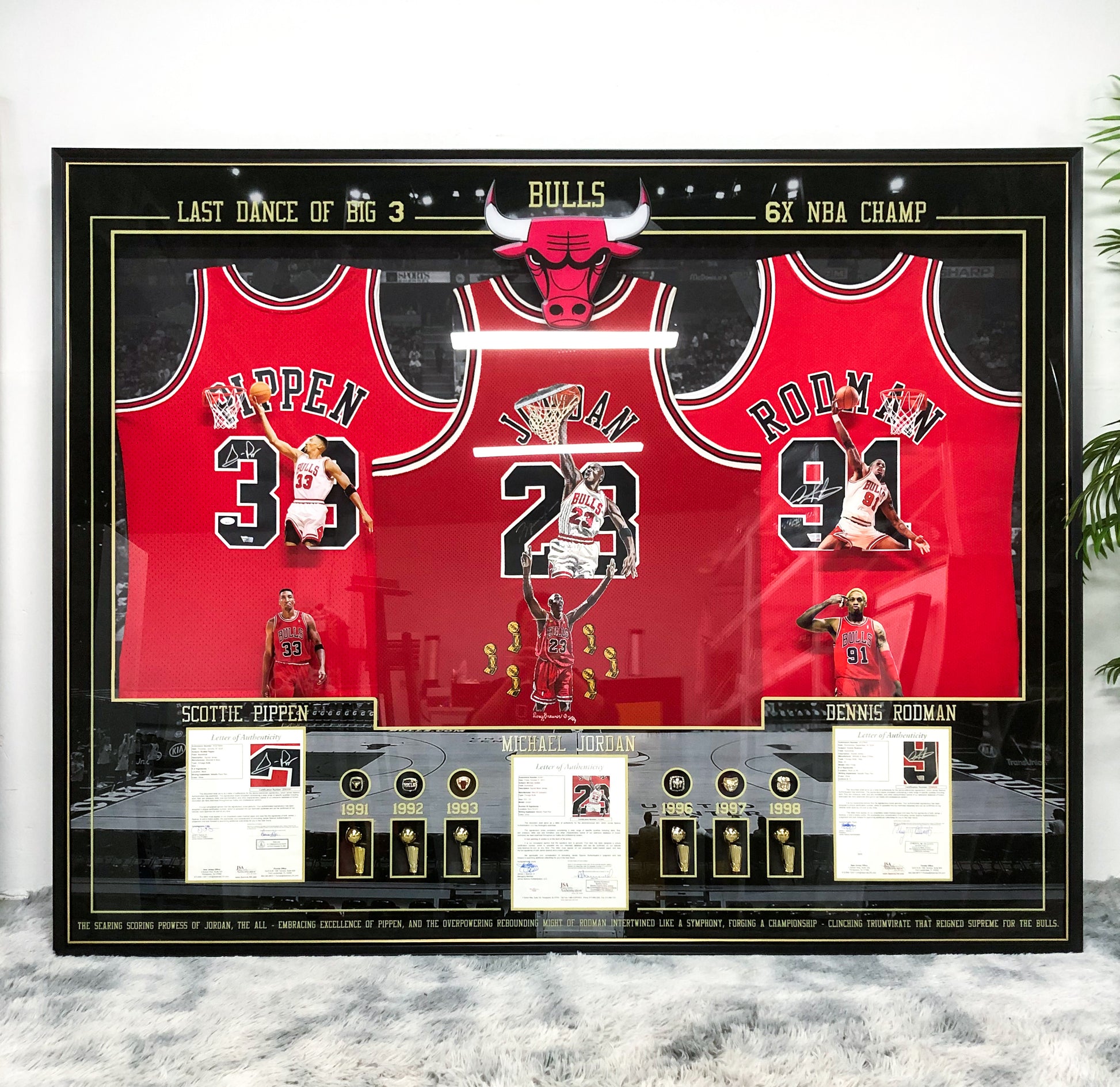 Chicago Bulls JORDAN Pippen Rodman Autographed Jersey with Personalized Custom Design Framed 00005