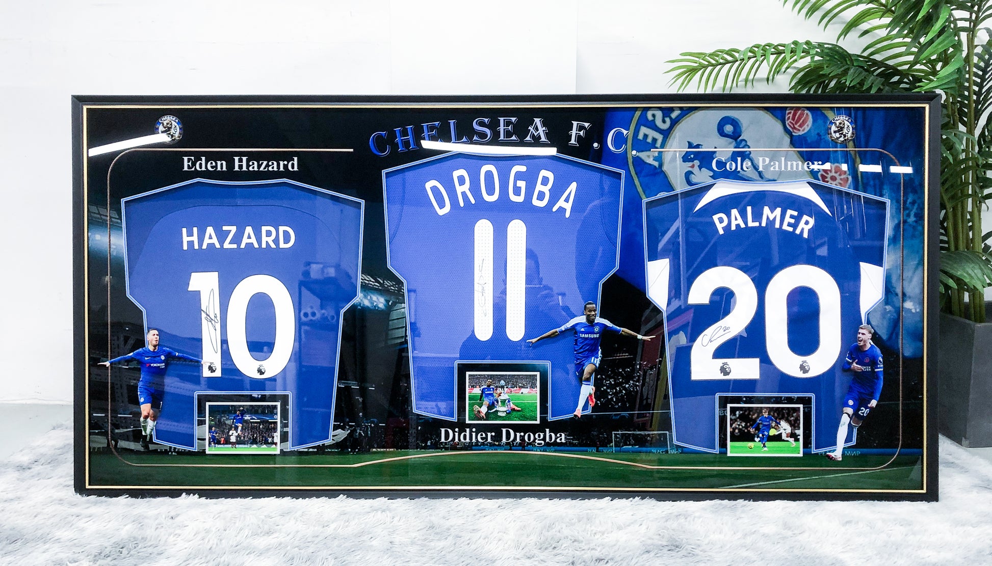 Chelsea FC Eden Hazard Didier Drogba Cole Palmer Autographed Jersey with Personalized Custom Design Framed 00003