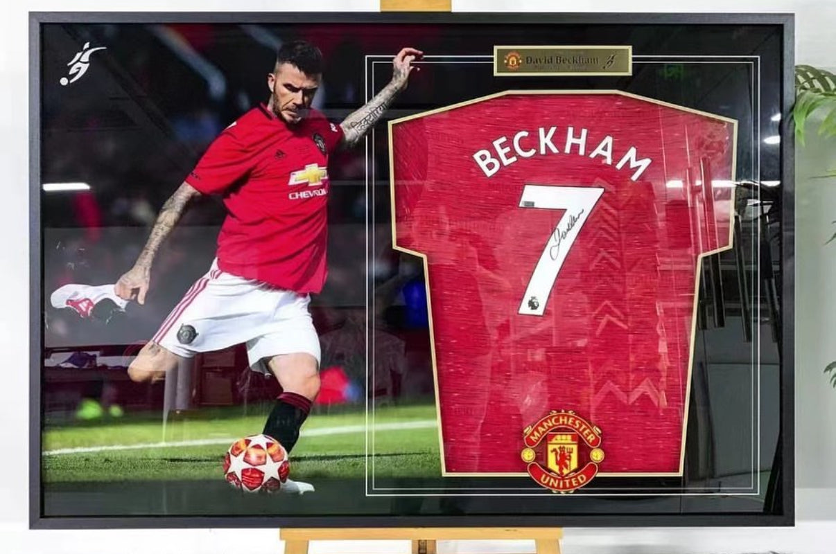 Manchester United David Beckham Autographed Jersey with Personalized Custom Design Framed 00006
