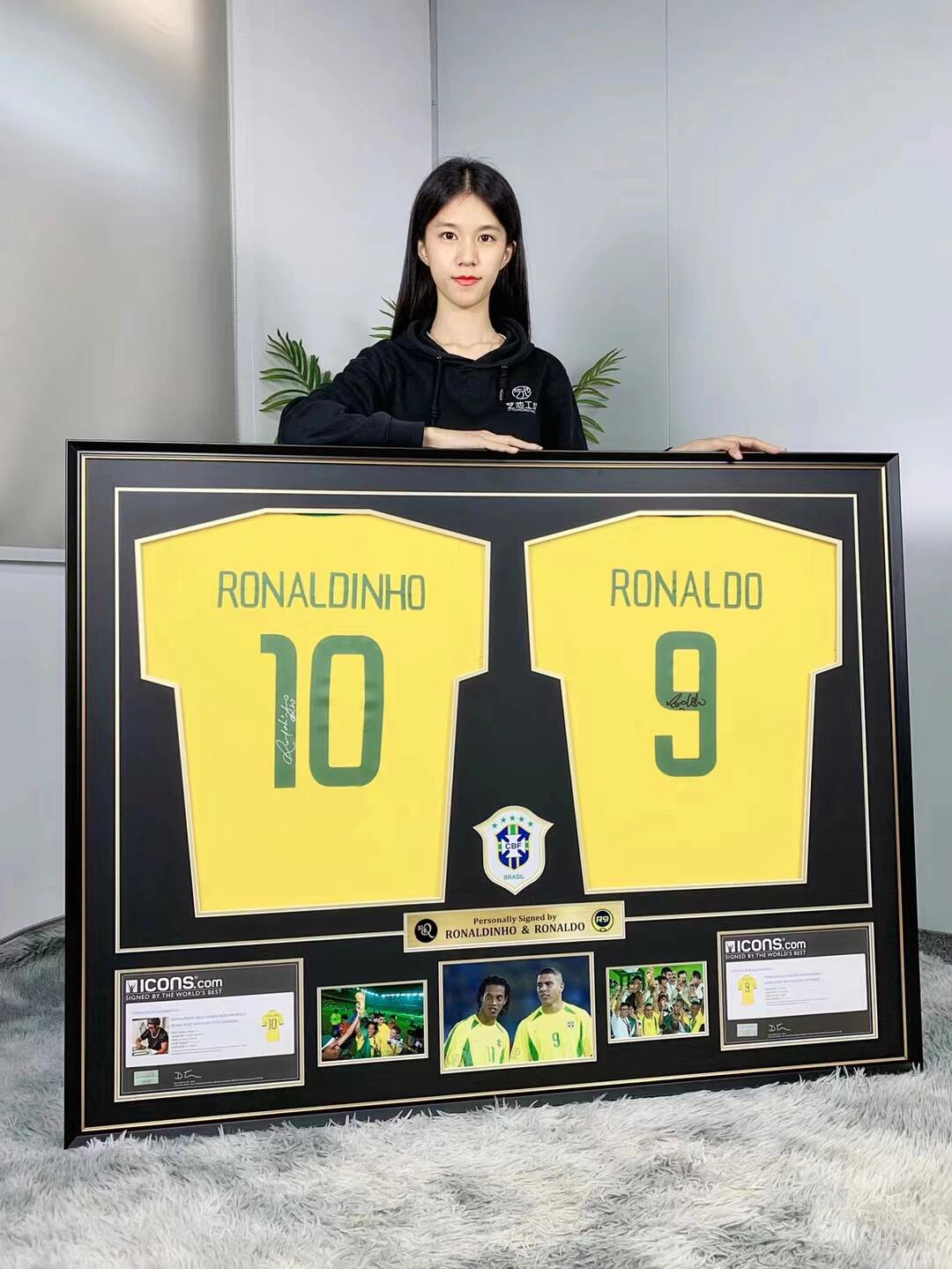 Brazil national team Ronaldinho Ronaldo Autographed Jersey with Personalized Custom Design Framed 00010