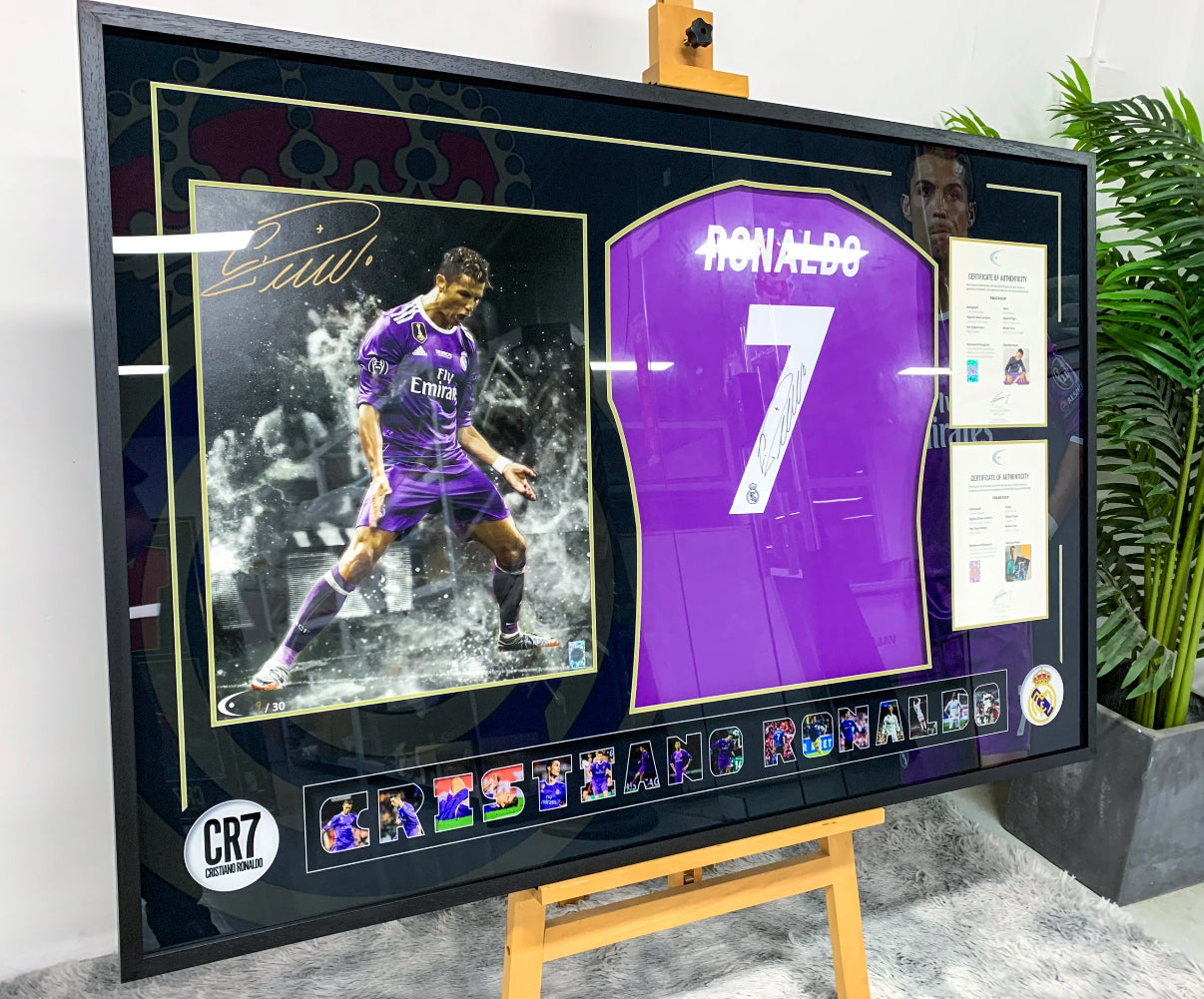 Real Madrid CF Cristiano Ronaldo Autographed Jersey with Personalized Custom Design Framed 000039