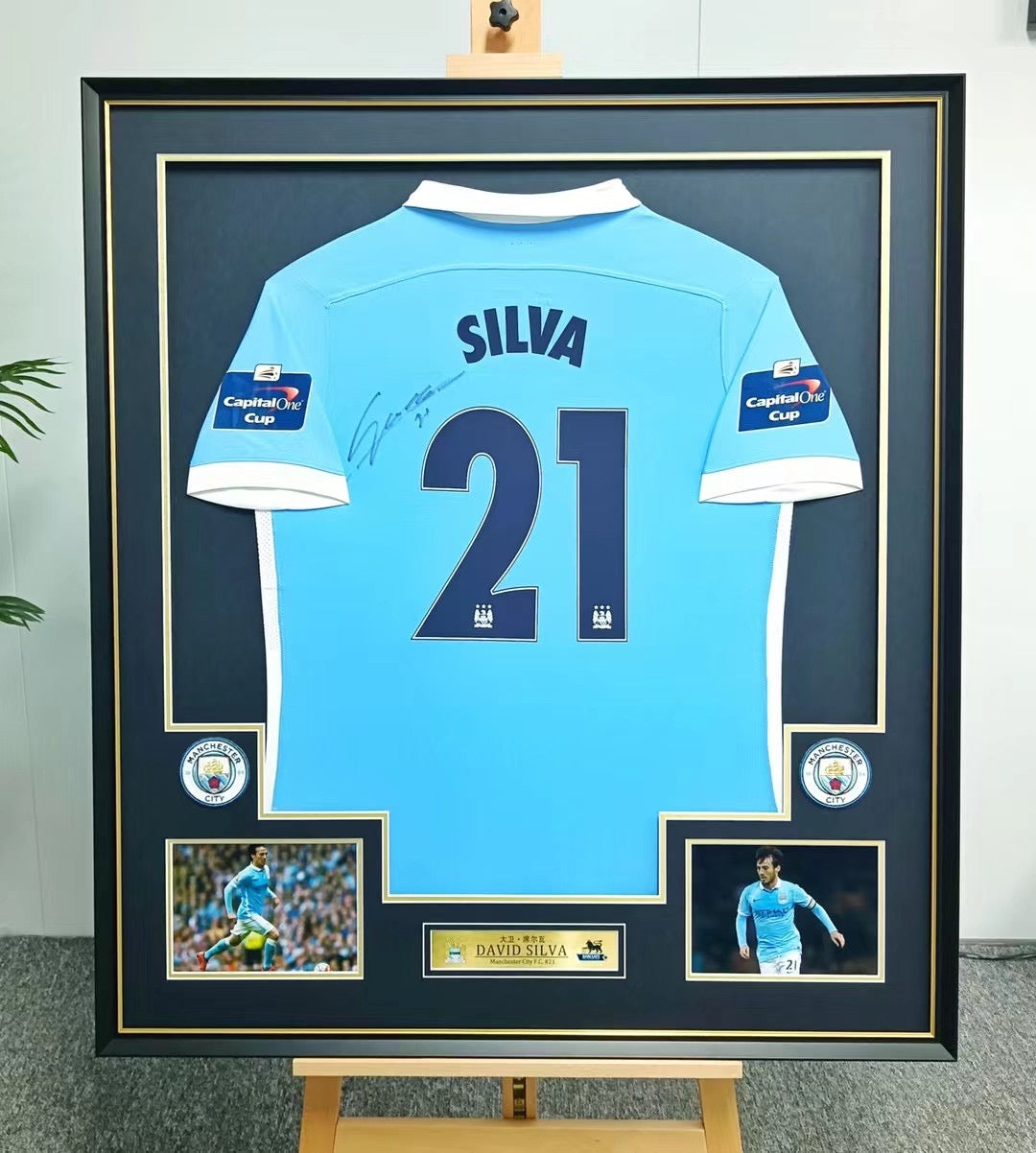 Manchester City FC David Silva Autographed Jersey with Personalized Custom Design Framed 00014