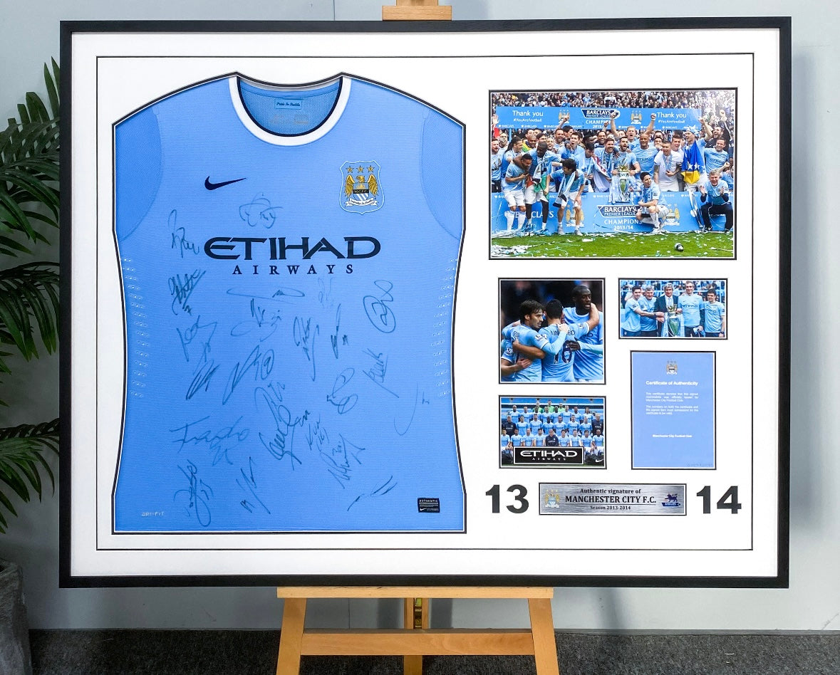 Manchester City FC Autographed Jersey with Personalized Custom Design Framed 00020