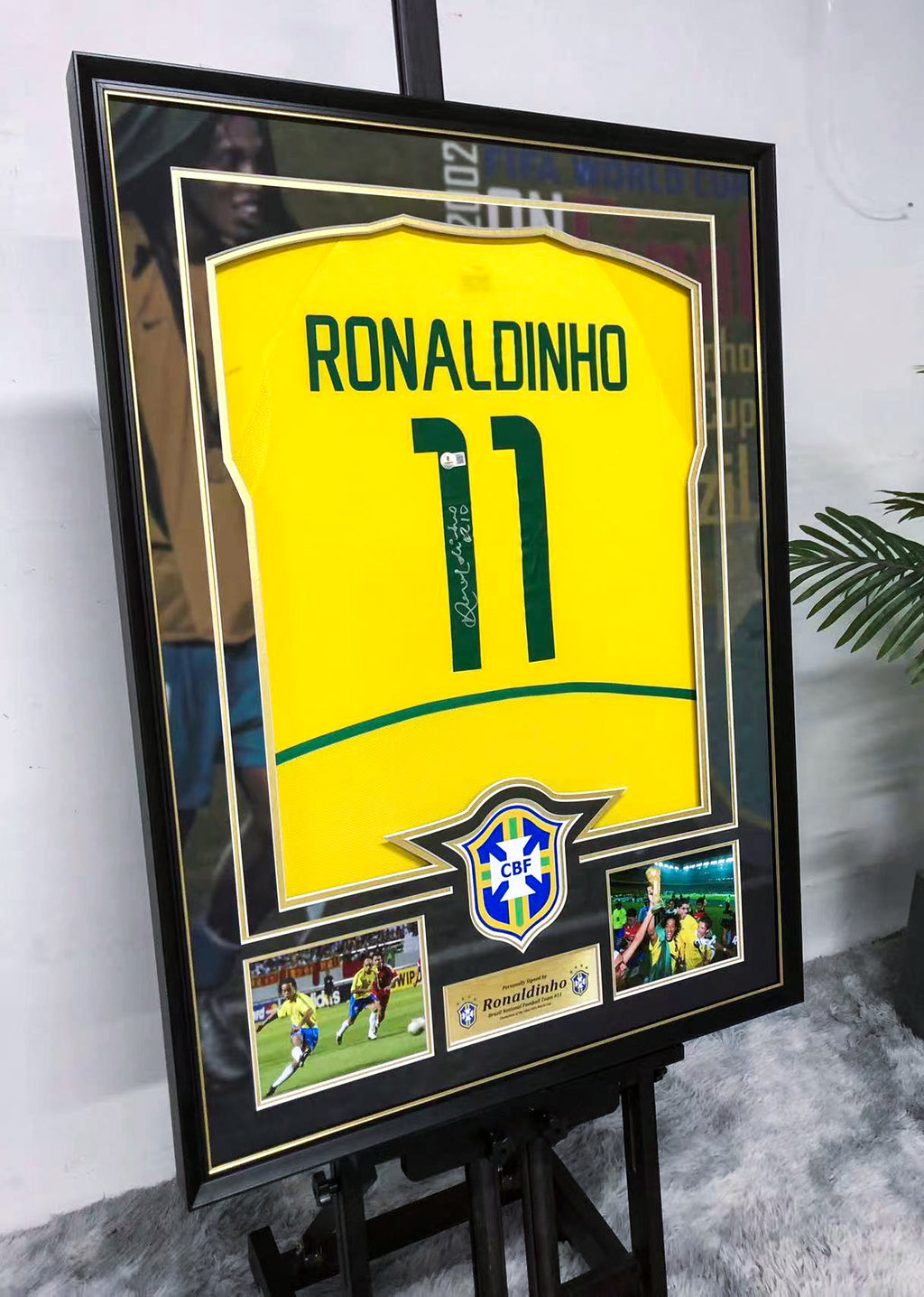 Brazil national team Ronaldinho Autographed Jersey with Personalized Custom Design Framed 00022