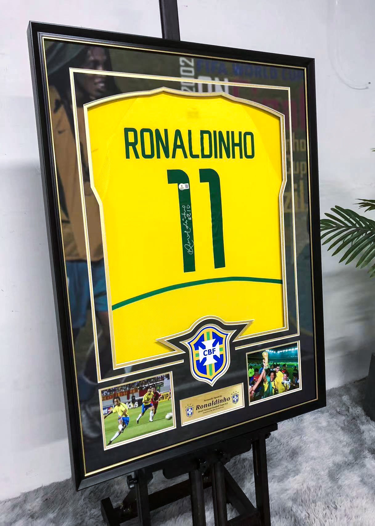 Brazil national team Ronaldinho Autographed Jersey with Personalized Custom Design Framed 00022