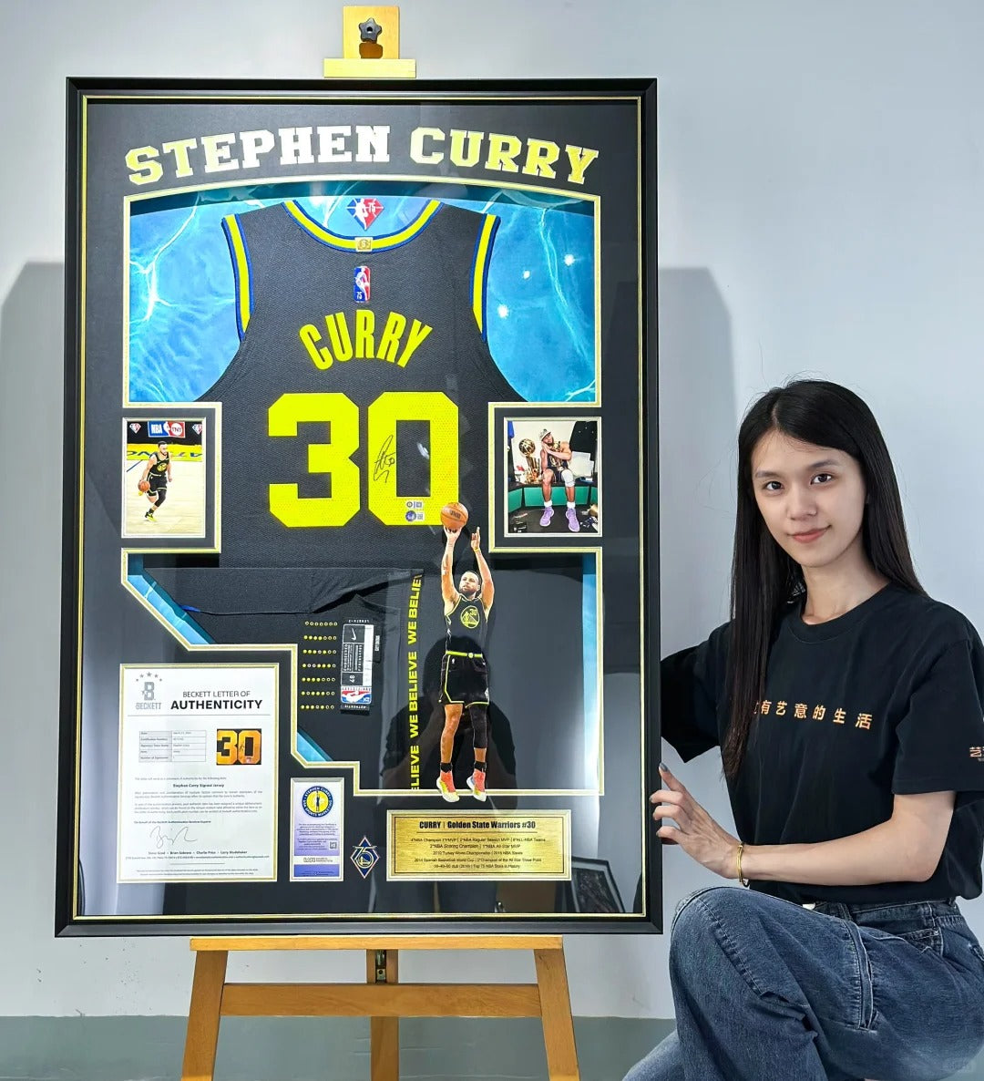 Golden State Warriors Stephen Curry Autographed Jersey with Personalized Custom Design Framed 000026