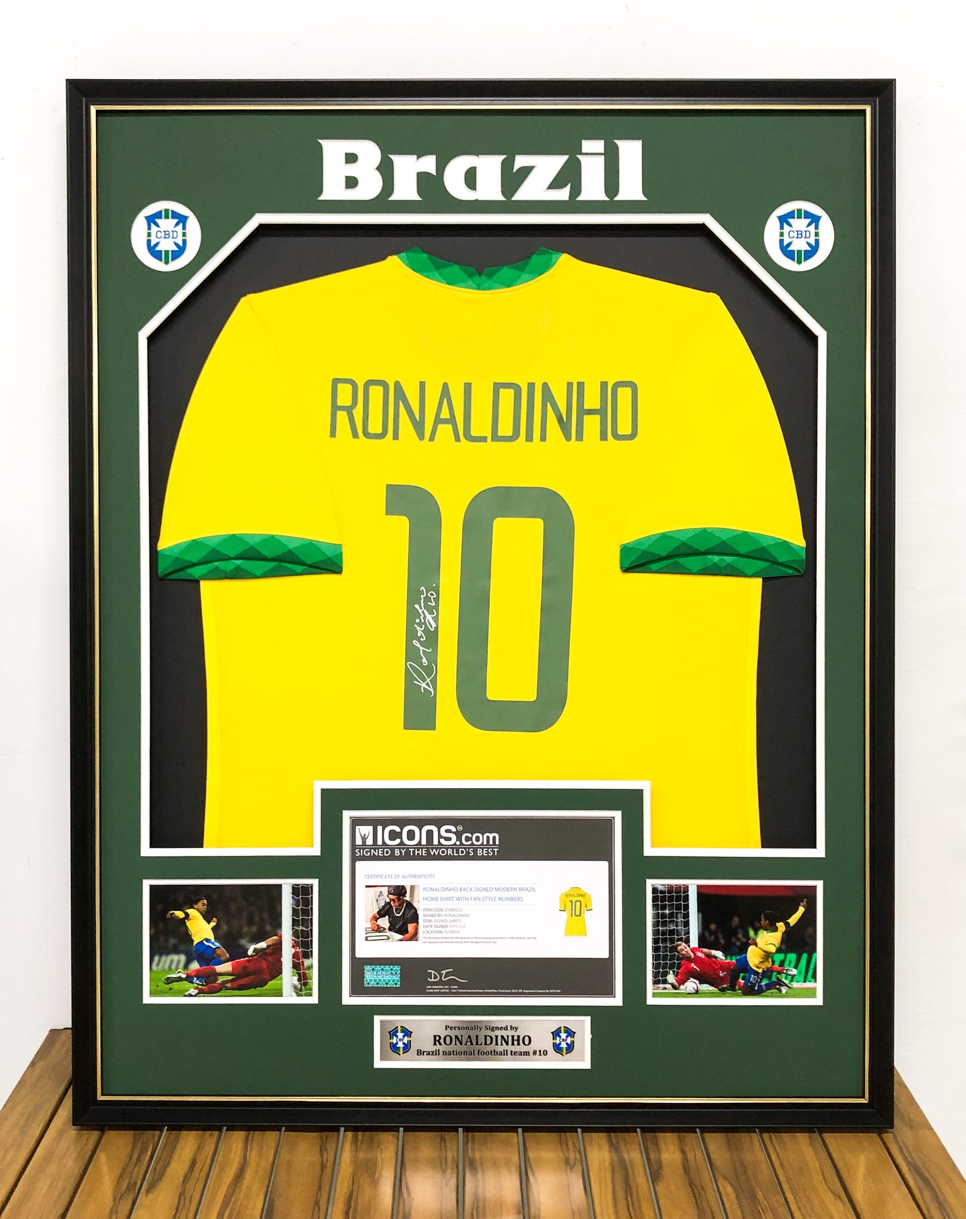 Brazil national team Ronaldinho Autographed Jersey with Personalized Custom Design Framed 00004