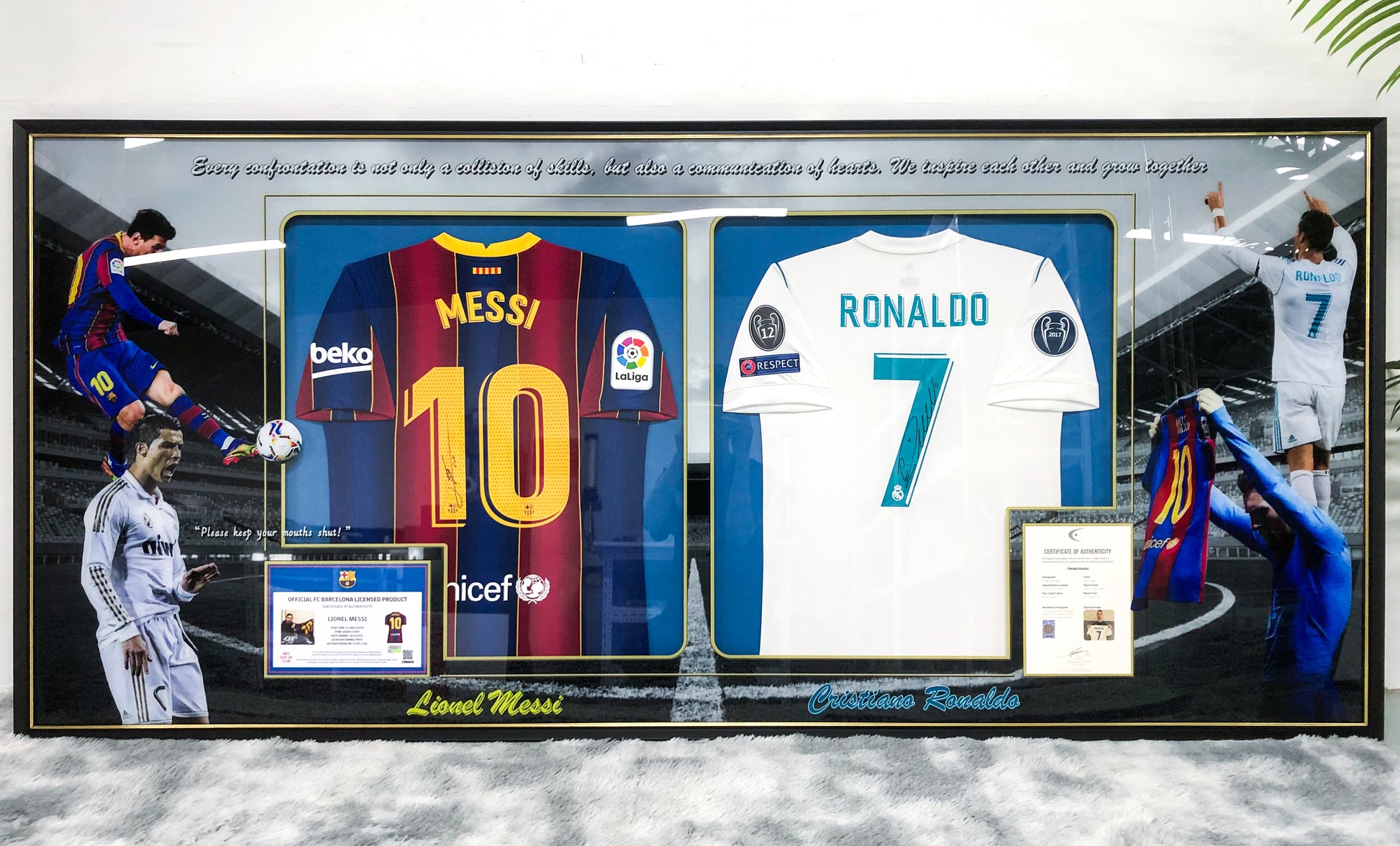 Lionel Messi Cristiano Ronaldo  player combination  Autographed Jersey with Personalized Custom Design Framed
