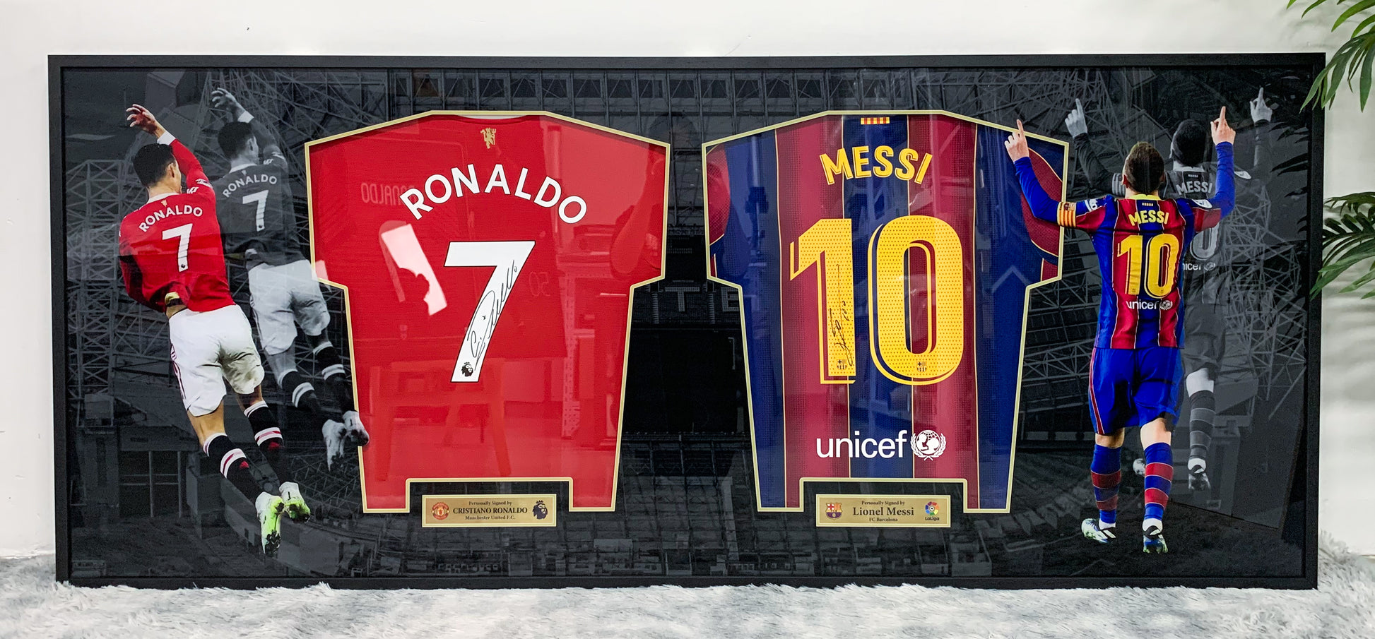 Lionel Messi Cristiano Ronaldo  player combination  Autographed Jersey with Personalized Custom Design Framed