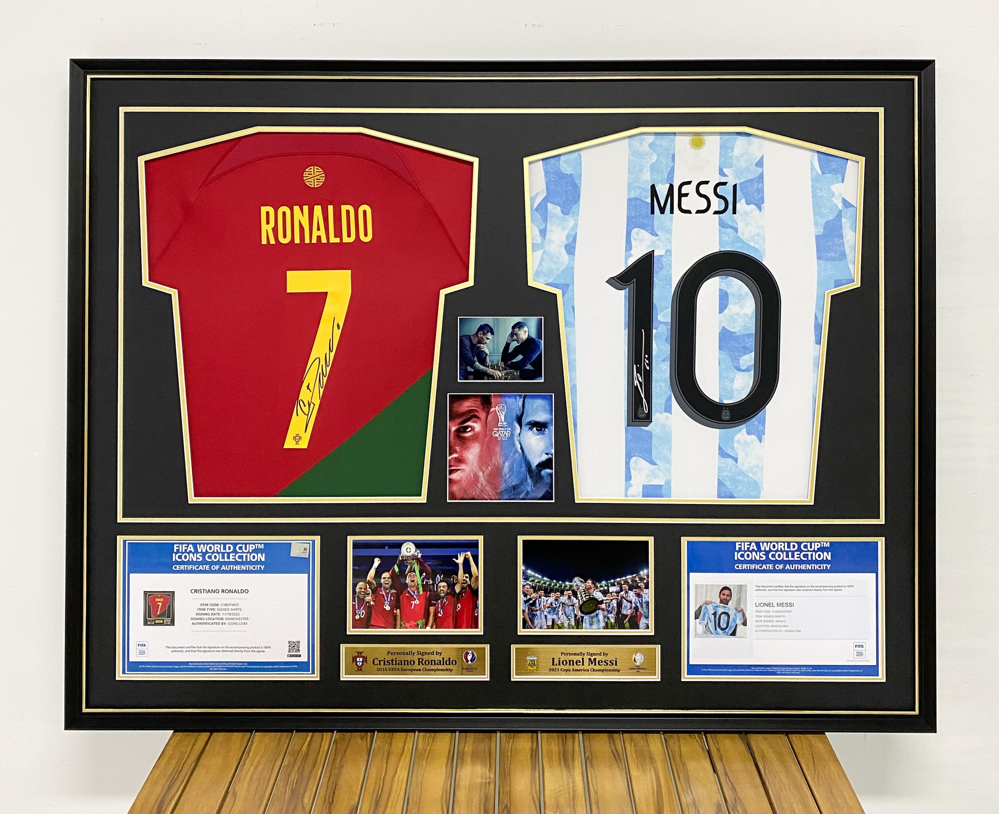 Lionel Messi Cristiano Ronaldo  player combination Autographed Jersey with Personalized Custom Design Framed