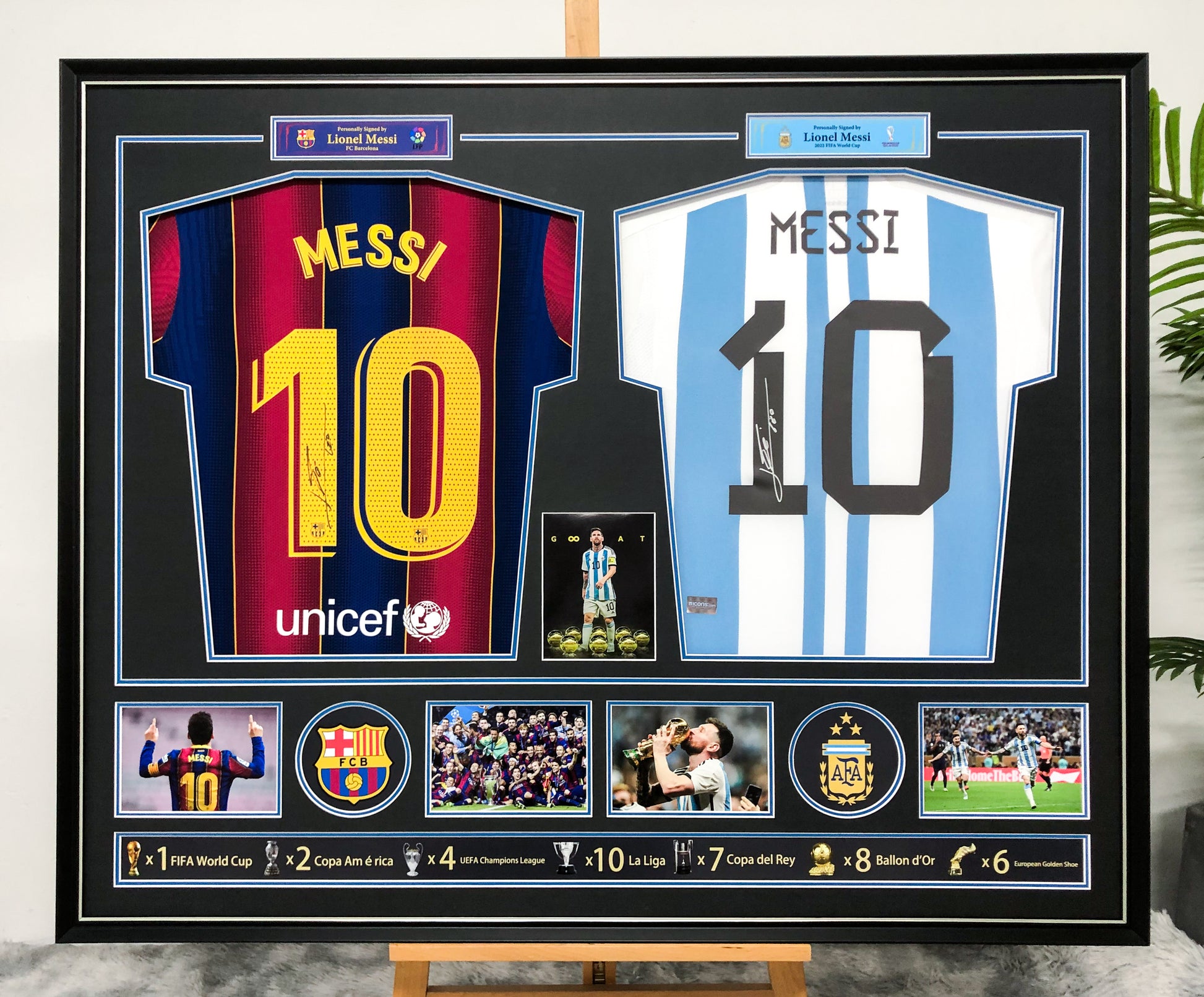 Lionel Messi player combination  Autographed Jersey with Personalized Custom Design Framed