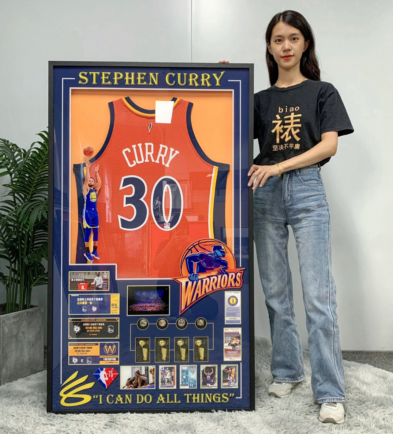 Golden State Warriors Stephen Curry Autographed Jersey with Personalized Custom Design Framed 000029