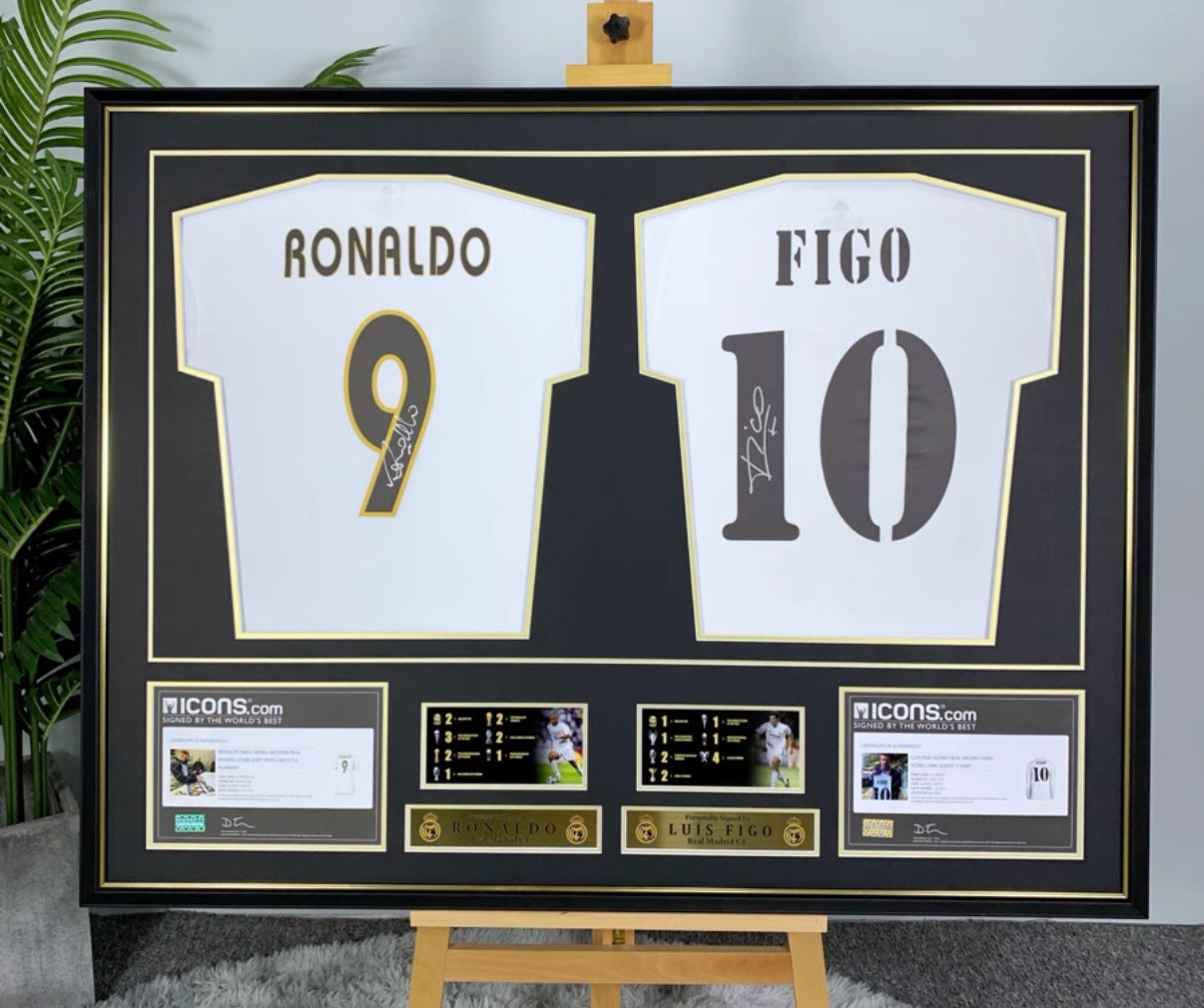 Real Madrid Club Cristiano Ronaldo Luis Figo Autographed Jersey with Personalized Custom Design Framed 000019