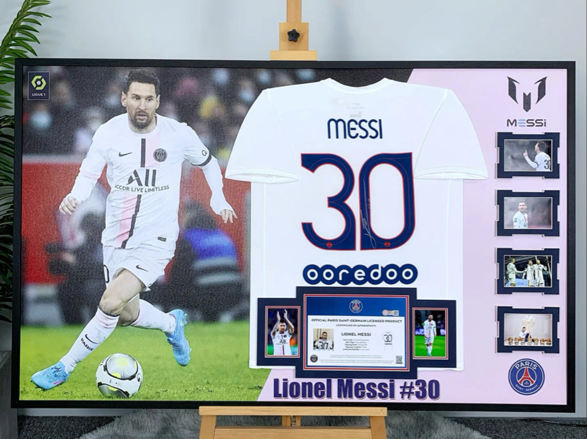 Paris Saint-Germain F.C. Lionel Messi Autographed Jersey with Personalized Custom Design Framed 00005