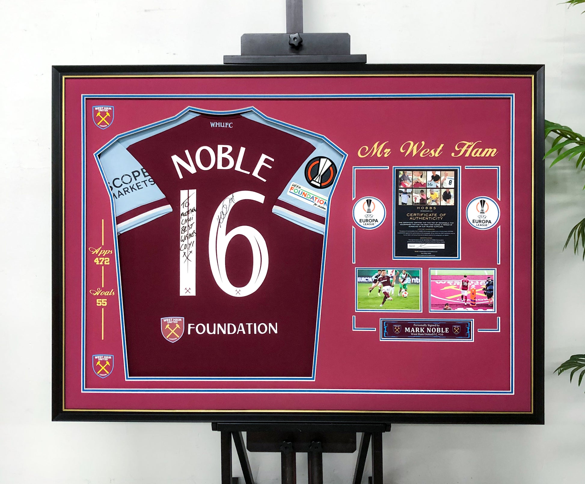 West Ham MARK NOBLE Autographed Jersey with Personalized Custom Design Framed 00051