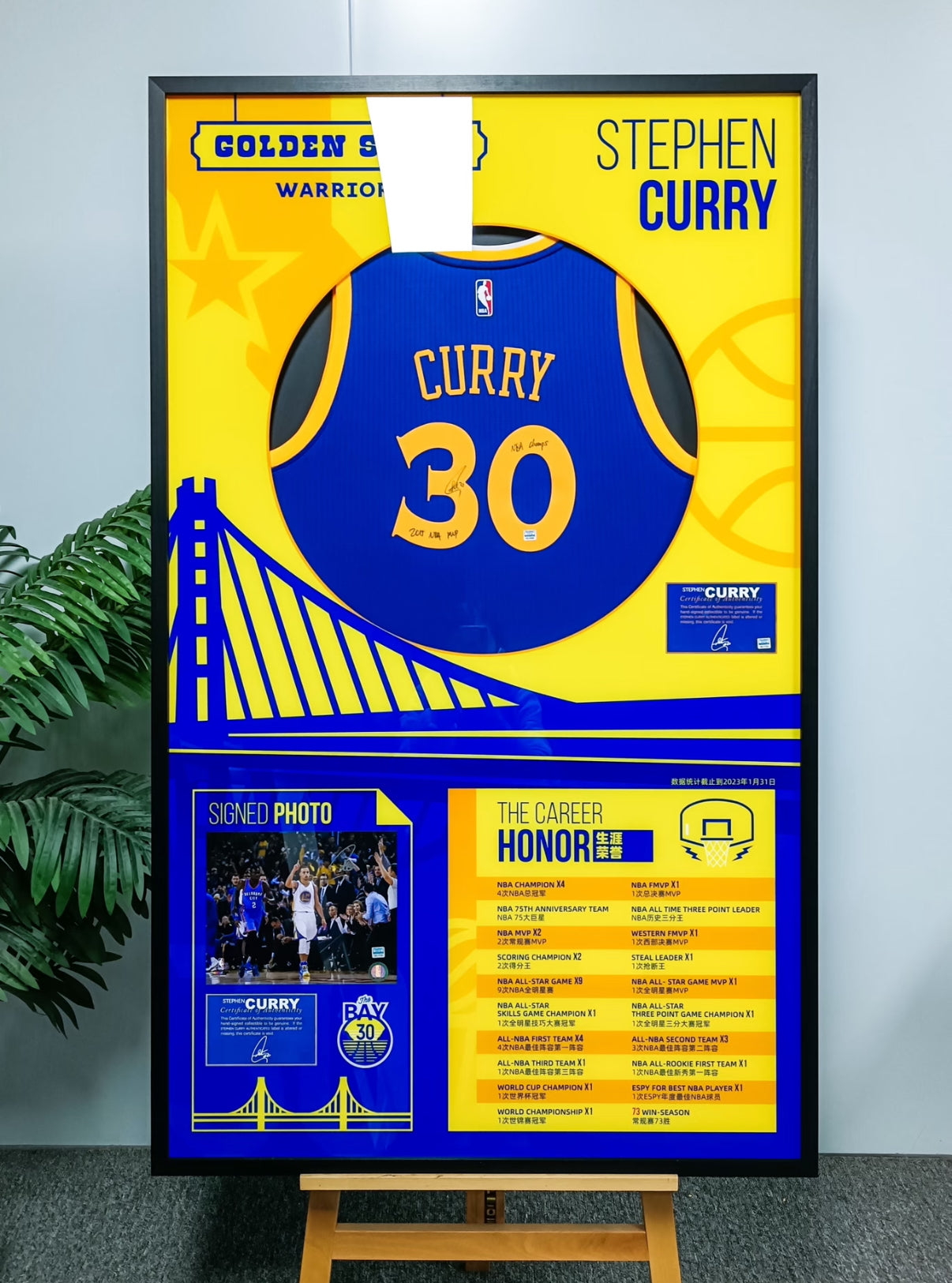 Golden State Warriors Stephen Curry Autographed Jersey with Personalized Custom Design Framed 000067