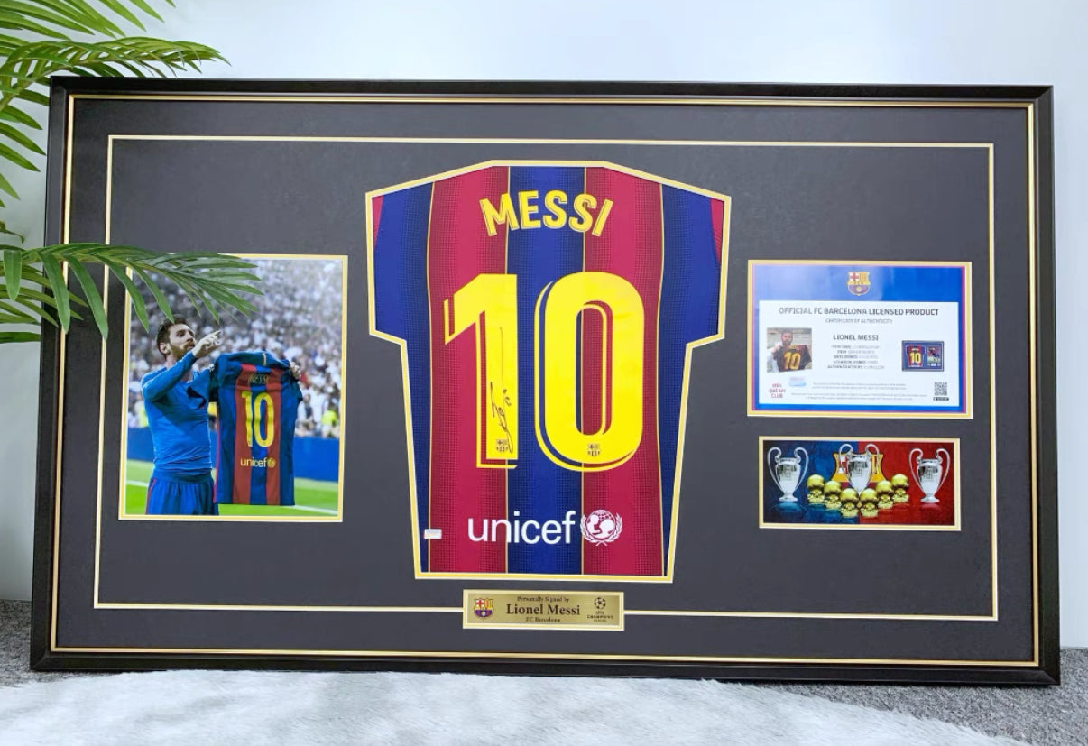 FC Barcelona Lionel Messi Autographed Jersey with Personalized Custom Design Framed 00006