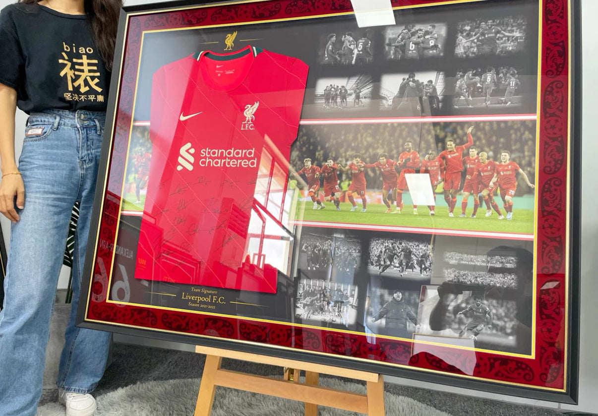 Liverpool FC Autographed Jersey with Personalized Custom Design Framed 000013