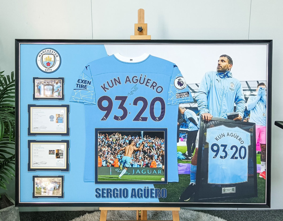 Manchester City KUN Agüero Autographed Jersey with Personalized Custom Design Framed 00025