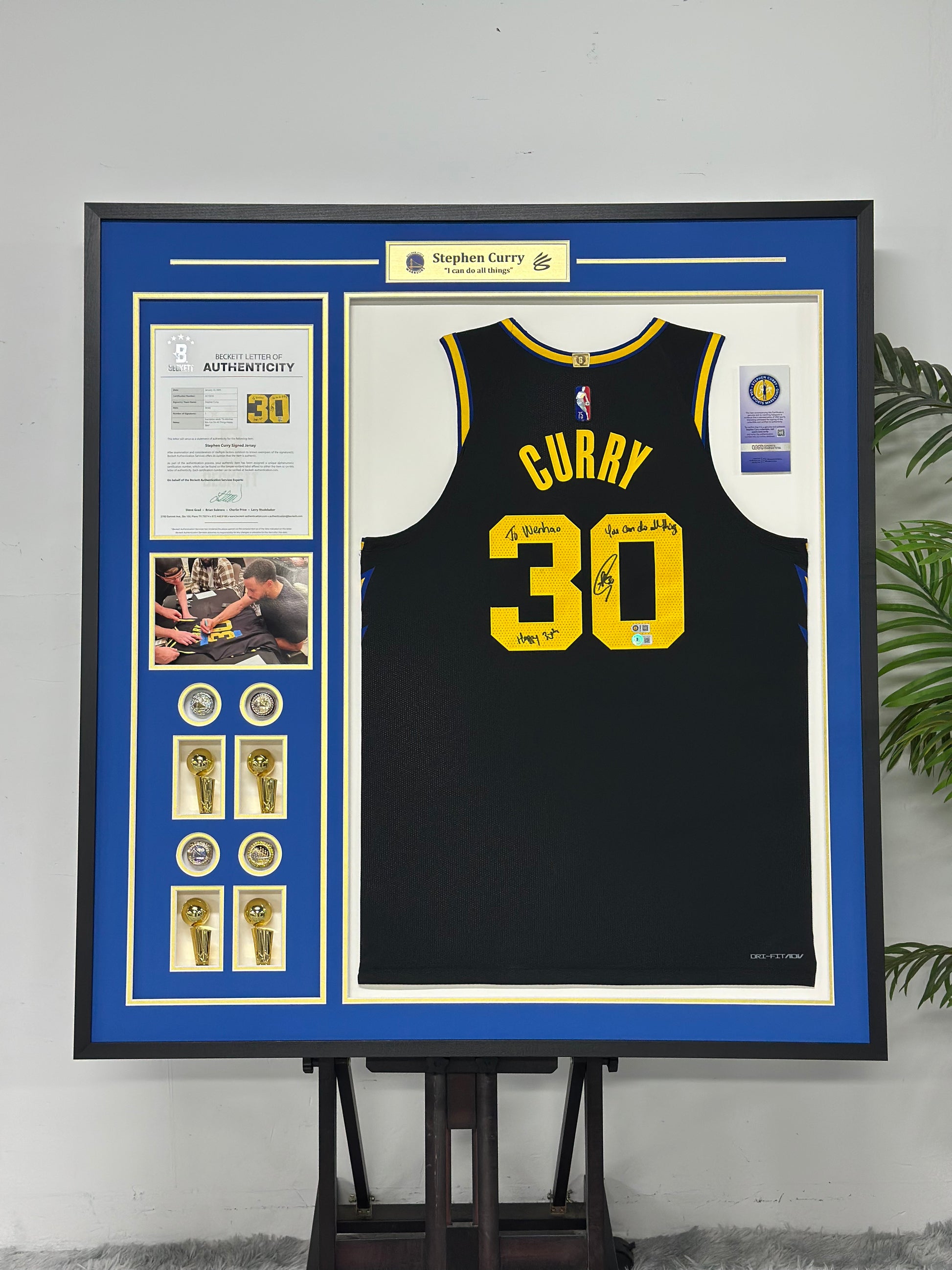 Golden State Warriors Stephen Curry Autographed Jersey with Personalized Custom Design Framed 000064
