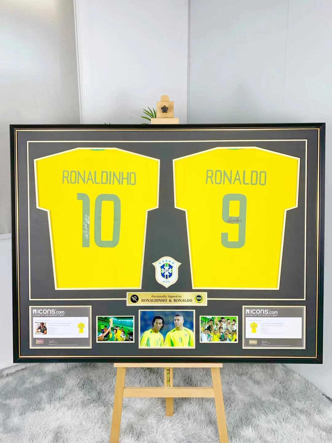 Brazil national team Ronaldinho Ronaldo Autographed Jersey with Personalized Custom Design Framed 00010