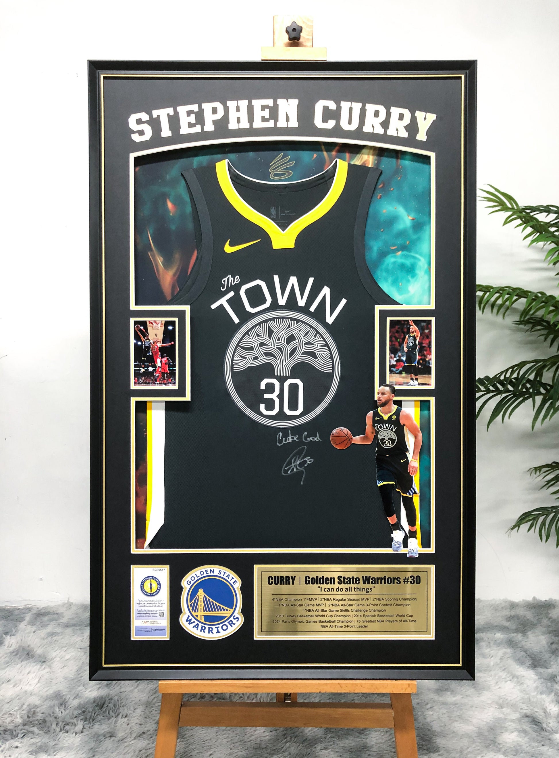 Golden State Warriors Stephen Curry Autographed Jersey with Personalized Custom Design Framed 000036
