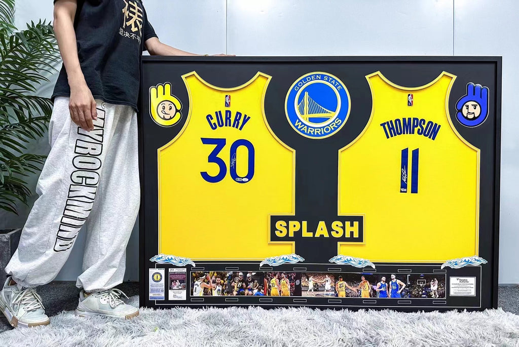 Stephen Curry Klay Thompson Autographed Jersey with Personalized Custom Design Framed 000016