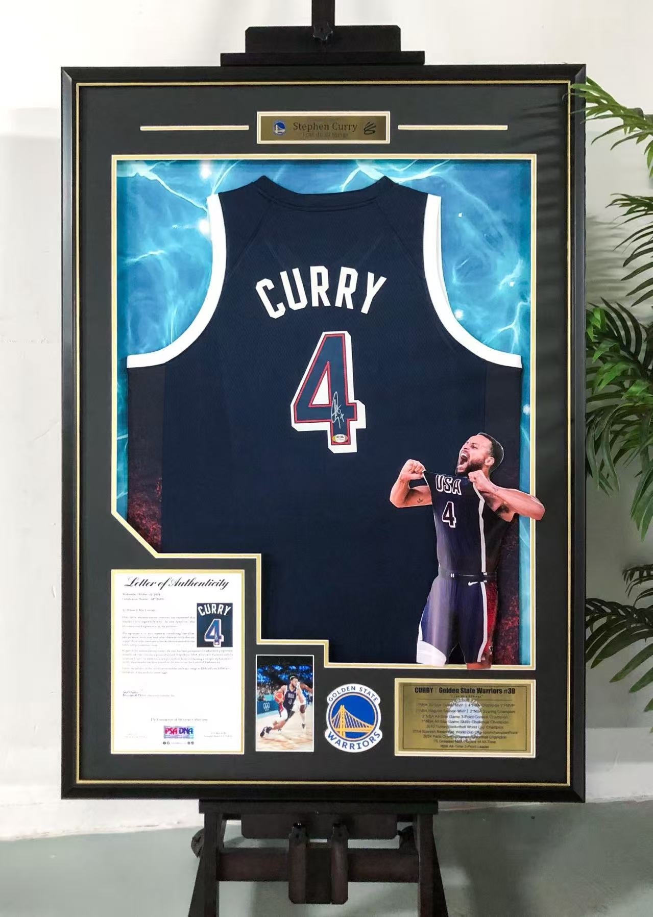 Golden State Warriors Stephen Curry Autographed Jersey with Personalized Custom Design Framed 000055