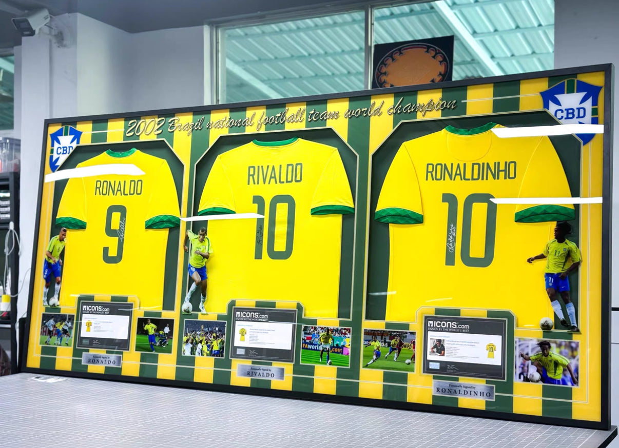 Brazil national team Ronaldo Rivaldo Ronaldinho Autographed Jersey with Personalized Custom Design Framed 00006