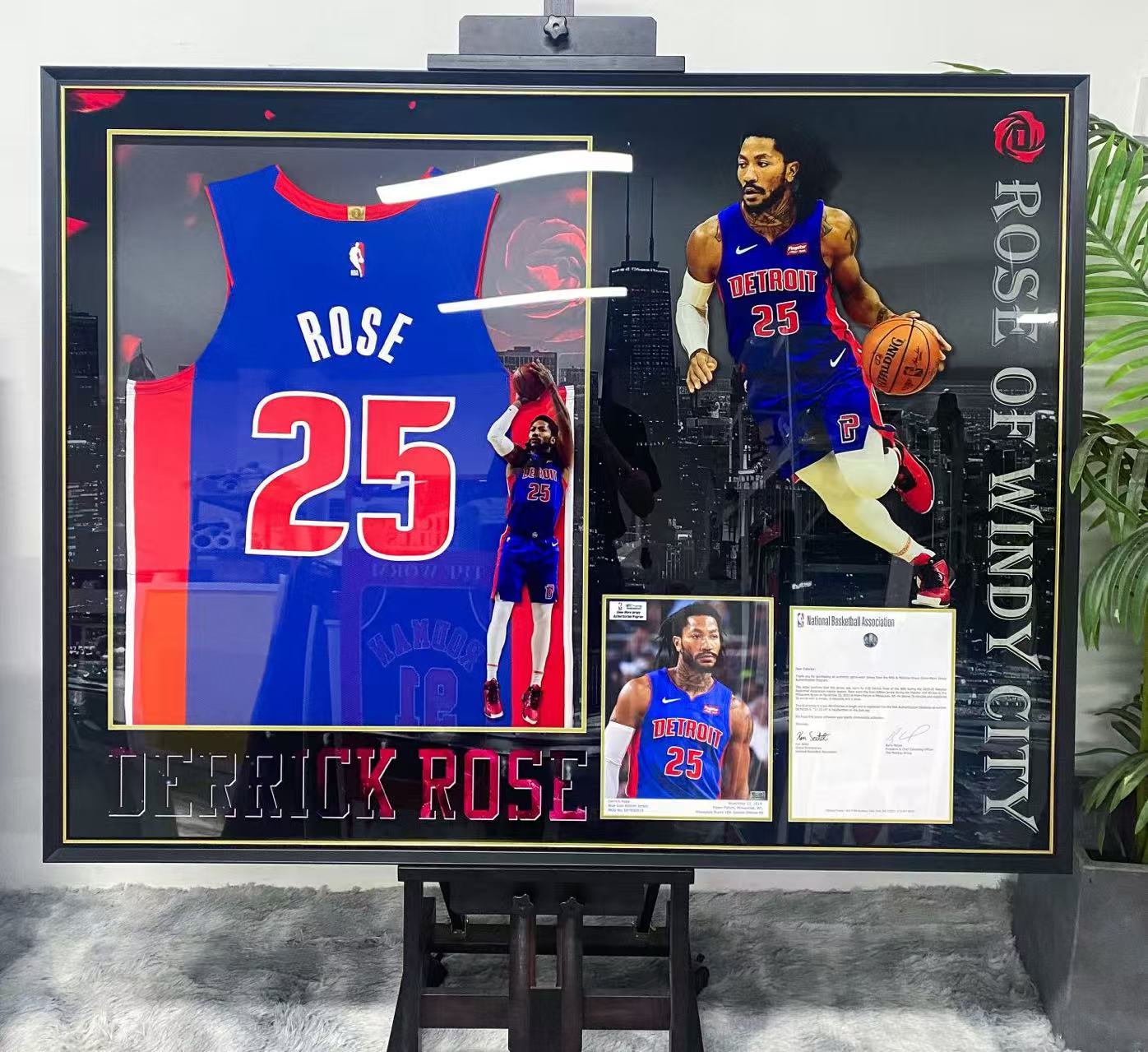 Detroit Pistons Derrick Rose Autographed Jersey with Personalized Custom Design Framed 00014