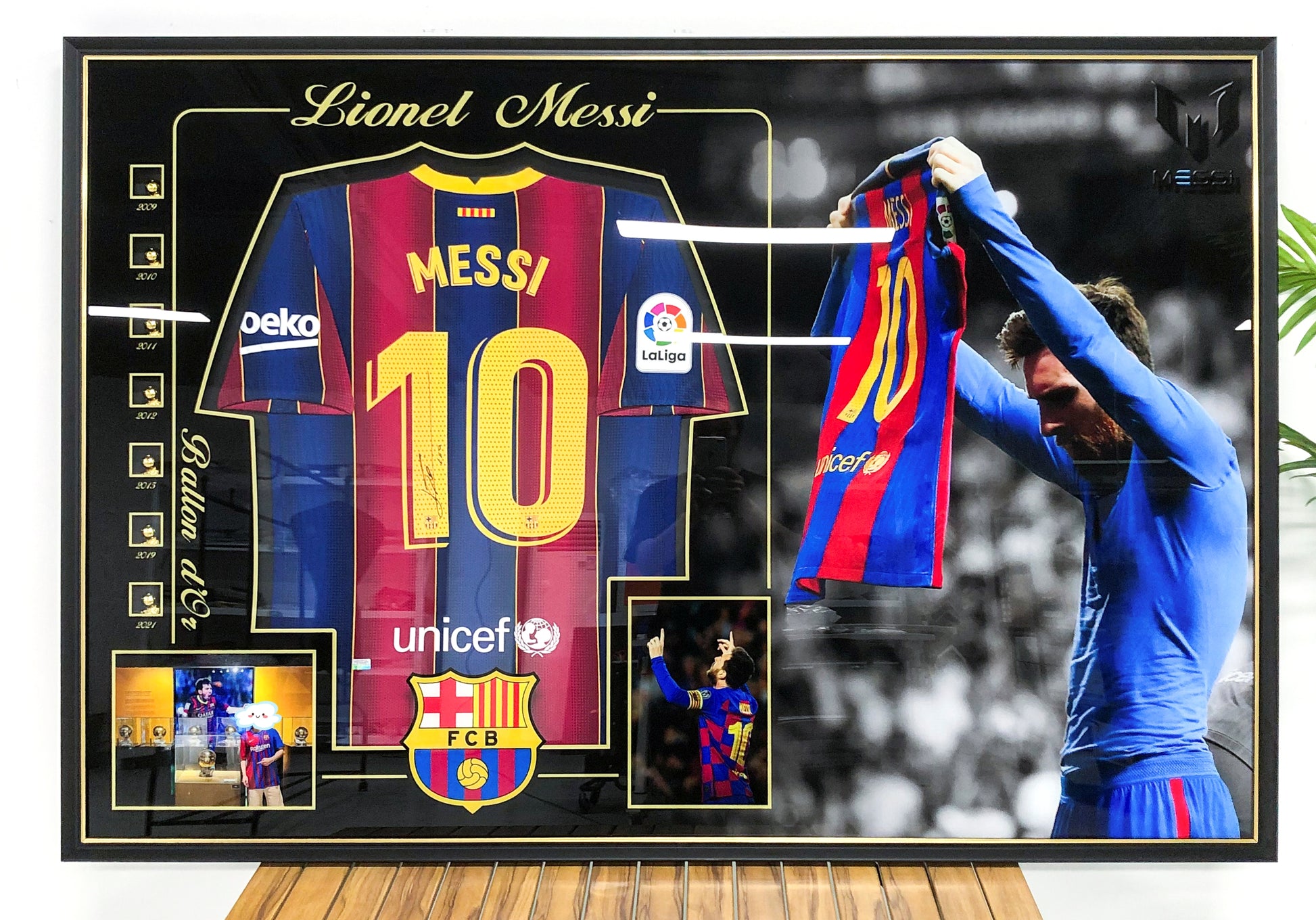 FC Barcelona Lionel Messi Autographed Jersey with Personalized Custom Design Framed 000048