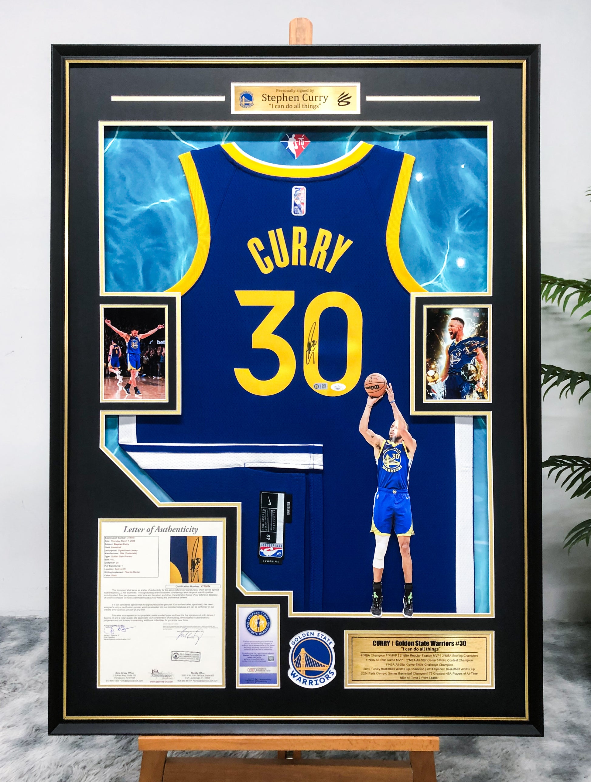 Golden State Warriors Stephen Curry Autographed Jersey with Personalized Custom Design Framed 000037
