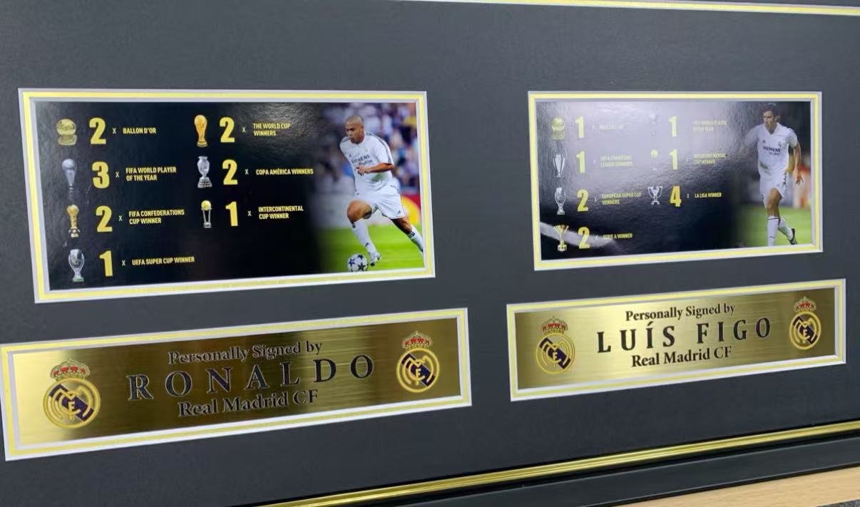 Real Madrid Club Cristiano Ronaldo Luis Figo Autographed Jersey with Personalized Custom Design Framed 000019