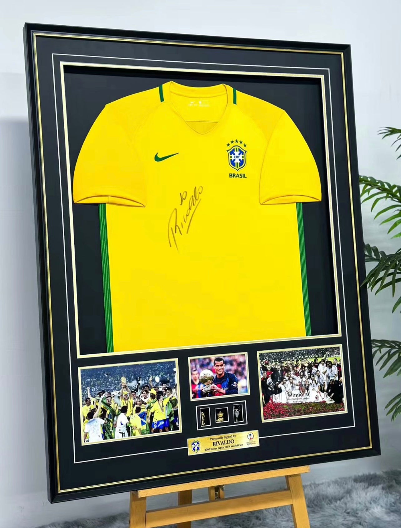 Brazil national team Rivaldo  Ferreira Autographed Jersey with Personalized Custom Design Framed 00017