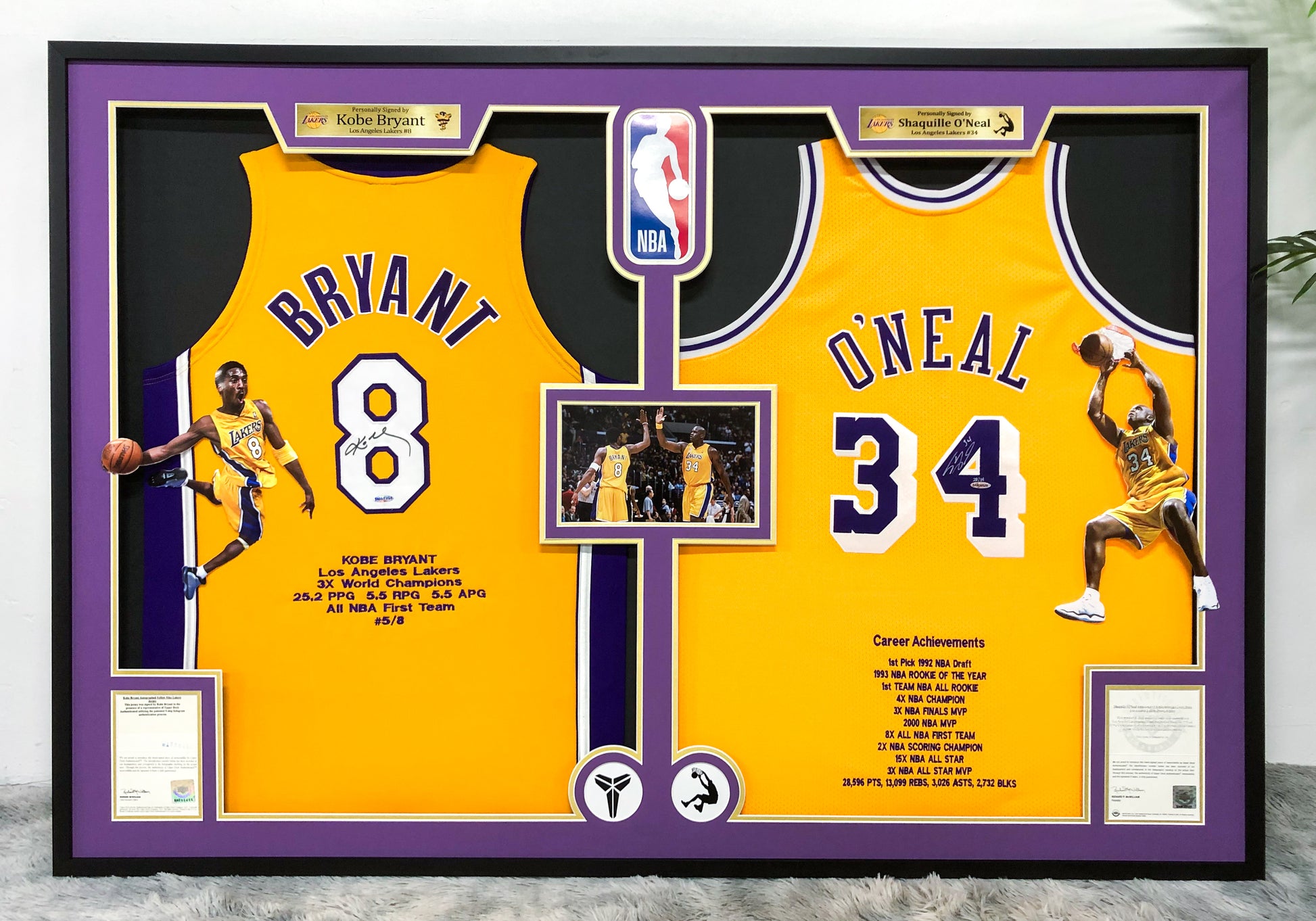 Los Angeles Lakers Kobe Bryant O'Neal Autographed Jersey with Personalized Custom Design Framed 00001
