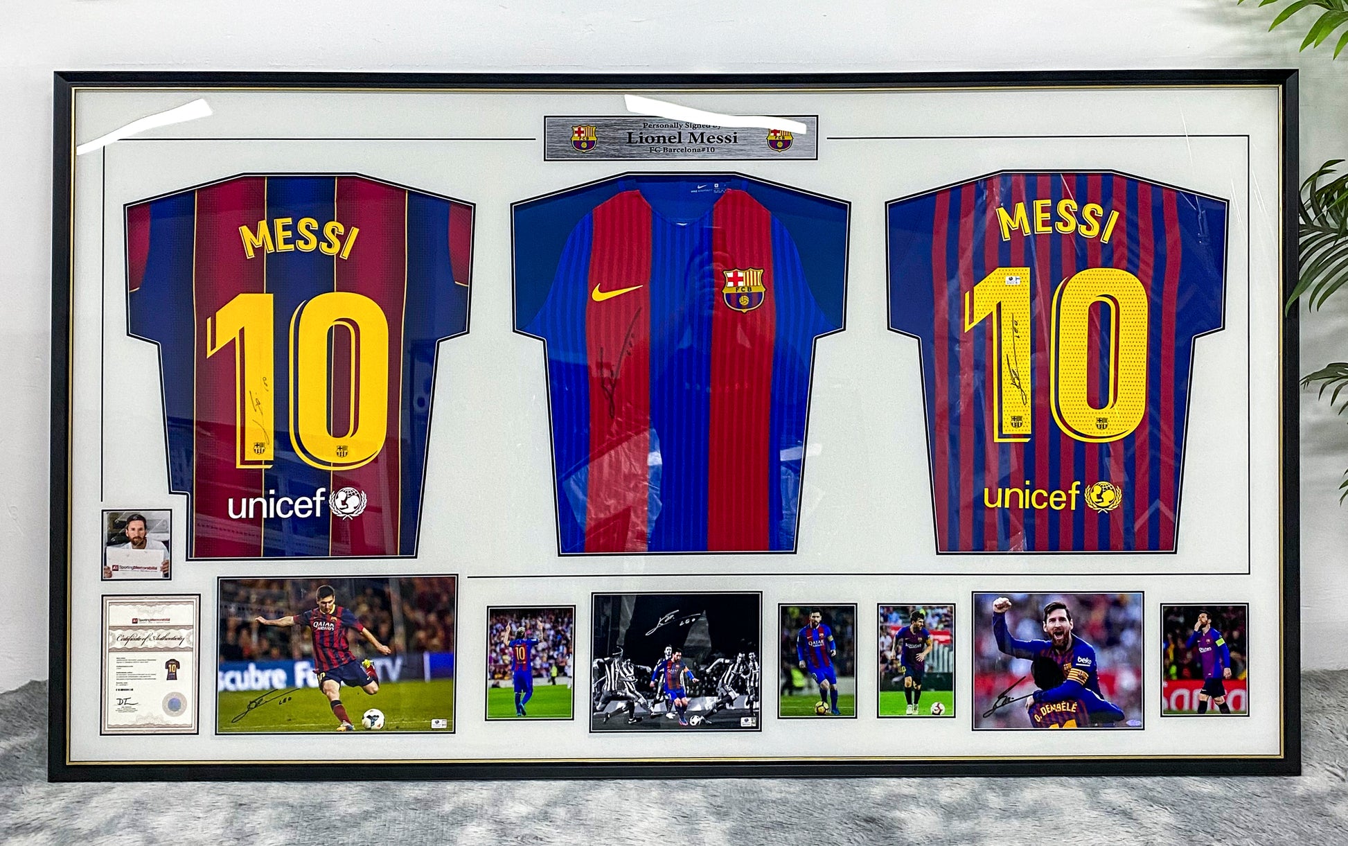 FC Barcelona Lionel Messi Autographed Jersey with Personalized Custom Design Framed 000047