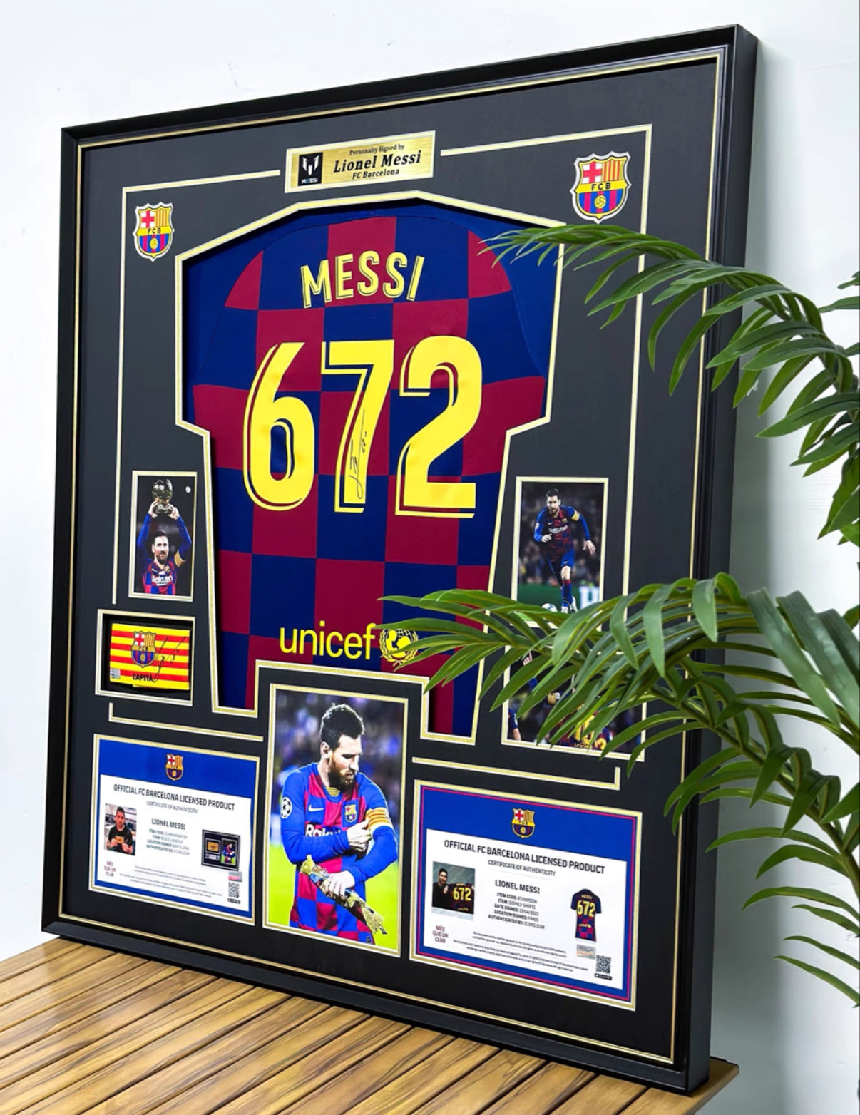 FC Barcelona Lionel Messi Autographed Jersey with Personalized Custom Design Framed 000026