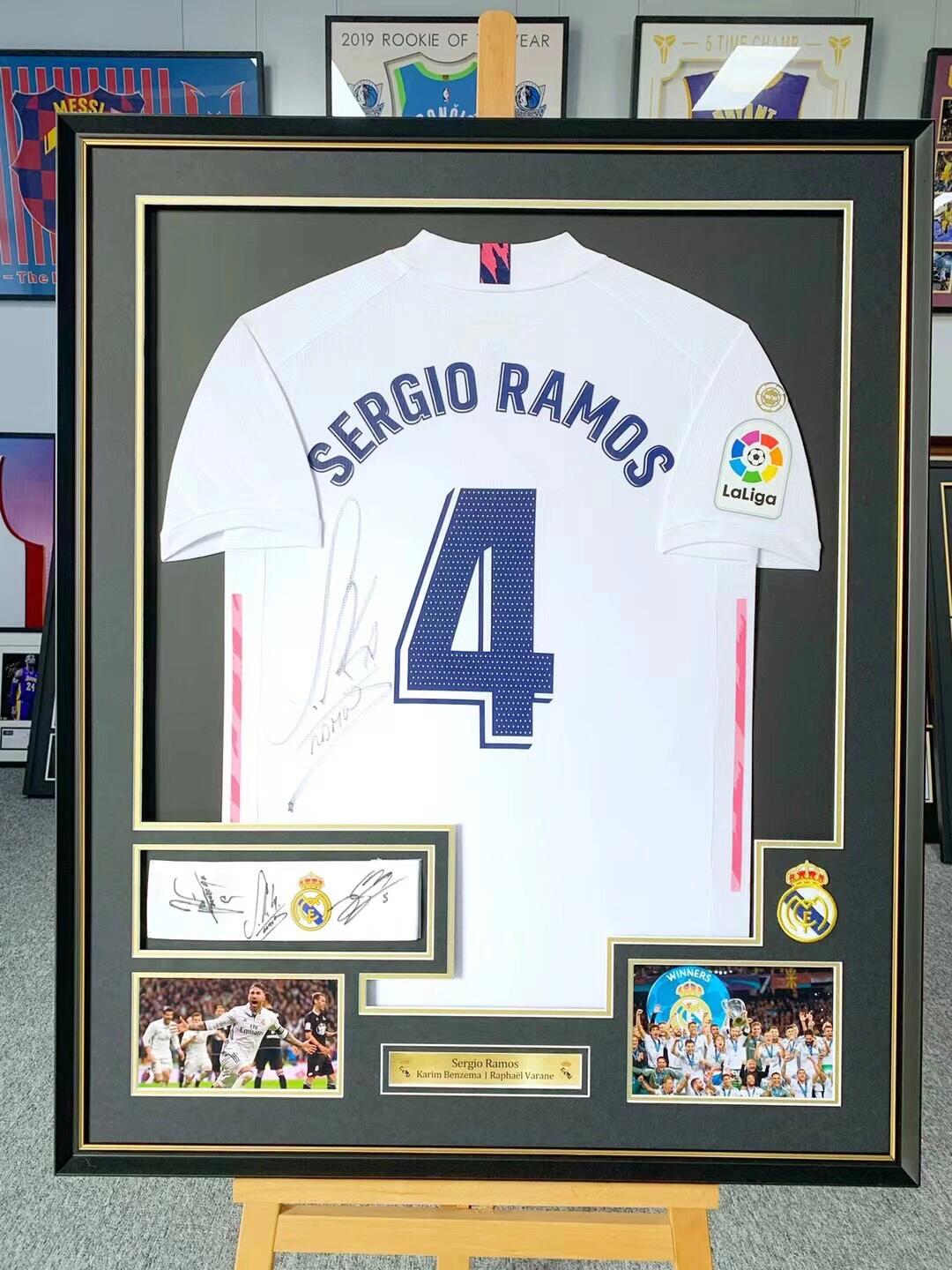 Real Madrid Club Sergio Ramos Autographed Jersey with Personalized Custom Design Framed 000020