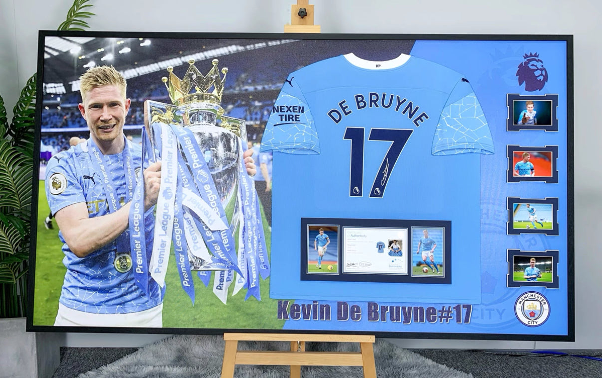 Manchester City FC De Bruyne Autographed Jersey with Personalized Custom Design Framed 00009