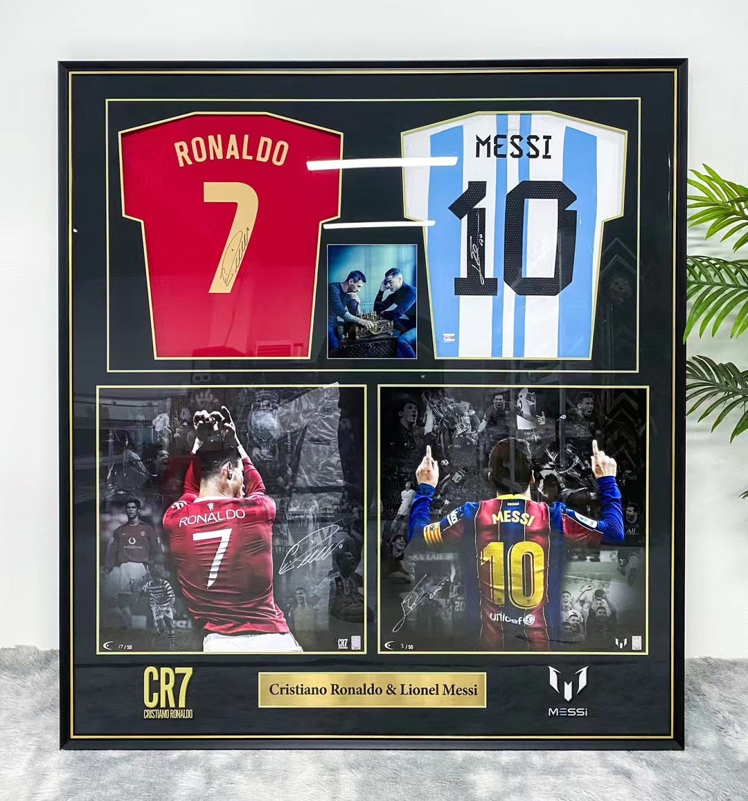 Messi  Cristiano Ronaldo player combination Autographed Jersey with Personalized Custom Design Framed 00001