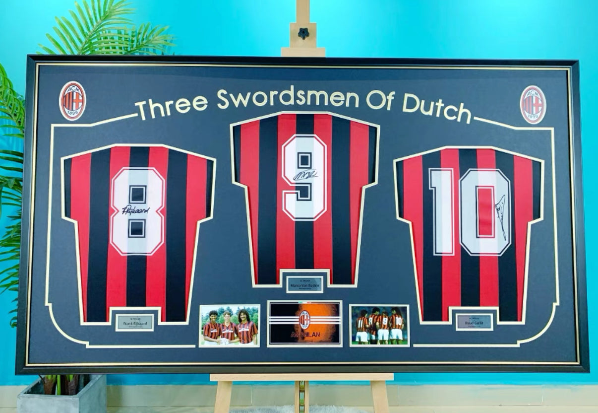 A.C. Milan Frank Rijkaard Marco Van Basten Ruud Gullit Autographed Jersey with Personalized Custom Design Framed  00006