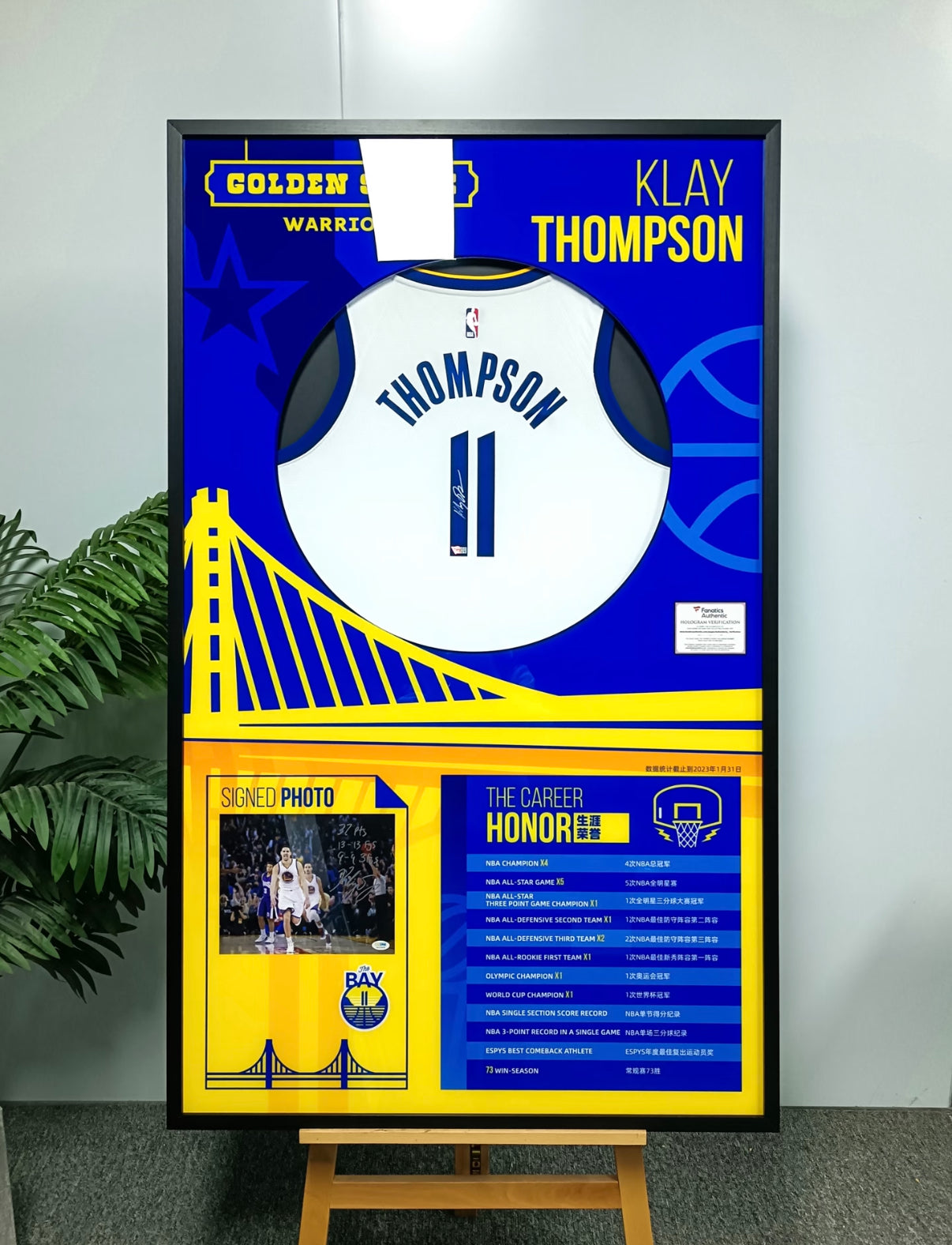 Golden State Warriors Klay Thompson Autographed Jersey with Personalized Custom Design Framed 000077