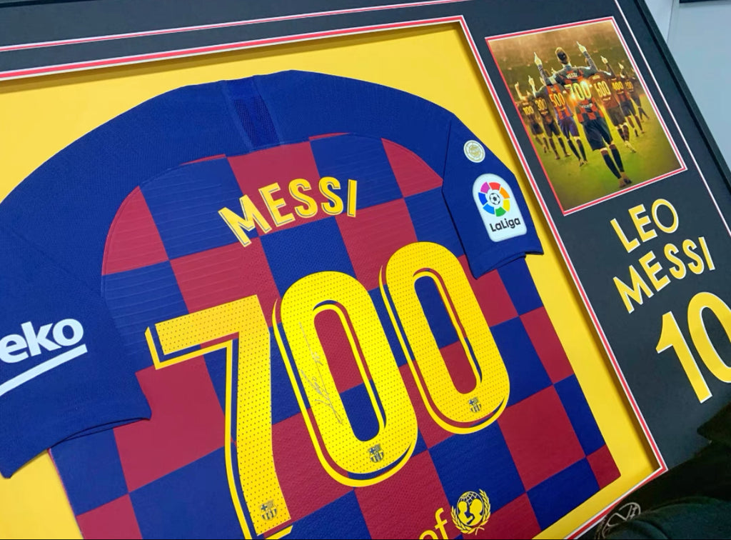 FC Barcelona Lionel Messi Autographed Jersey with Personalized Custom Design Framed 00003
